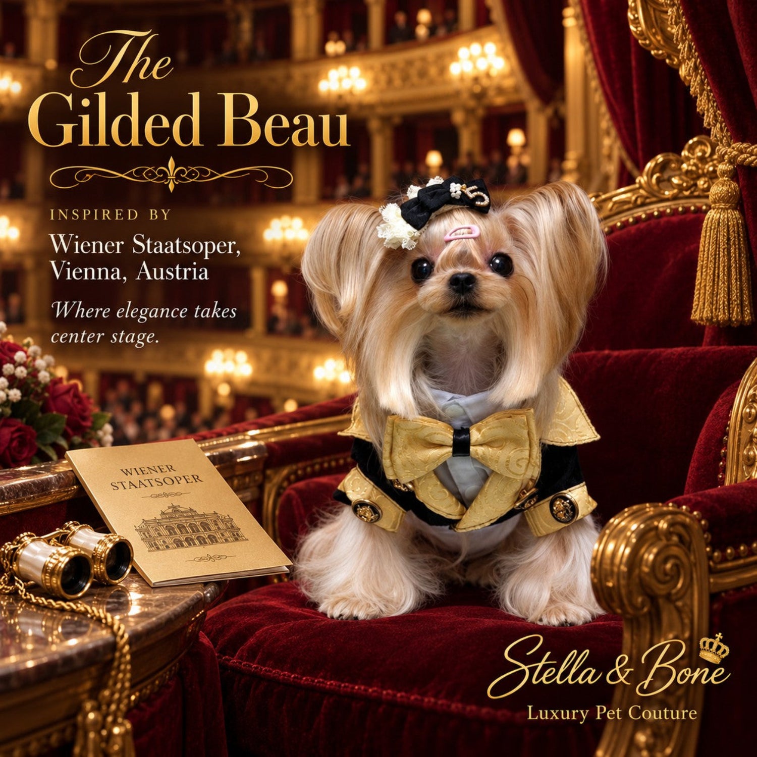 A small fluffy dog dressed in an elegant black and gold outfit - The Gilded Beau sits on a luxurious red velvet and gold chair in an ornate theater setting