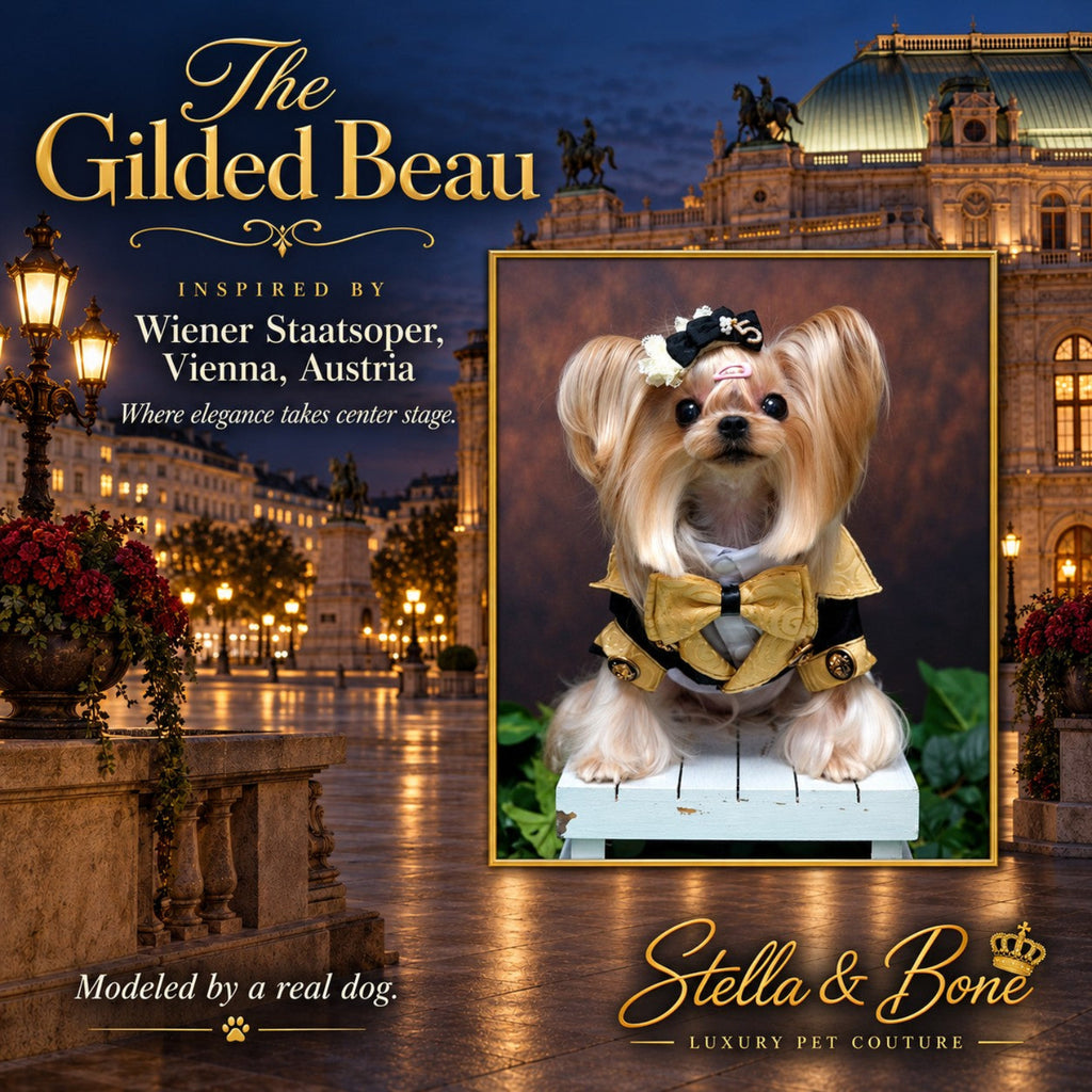 Small long-haired dog dressed in an elegant black and gold outfit, The Gilded Beau set in Vienna, Austria