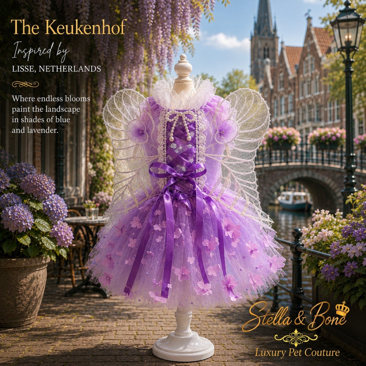 The Keukenhof couture dog wedding dress on a mannequin: a lavender fairy gown with lace wings and blossoms
