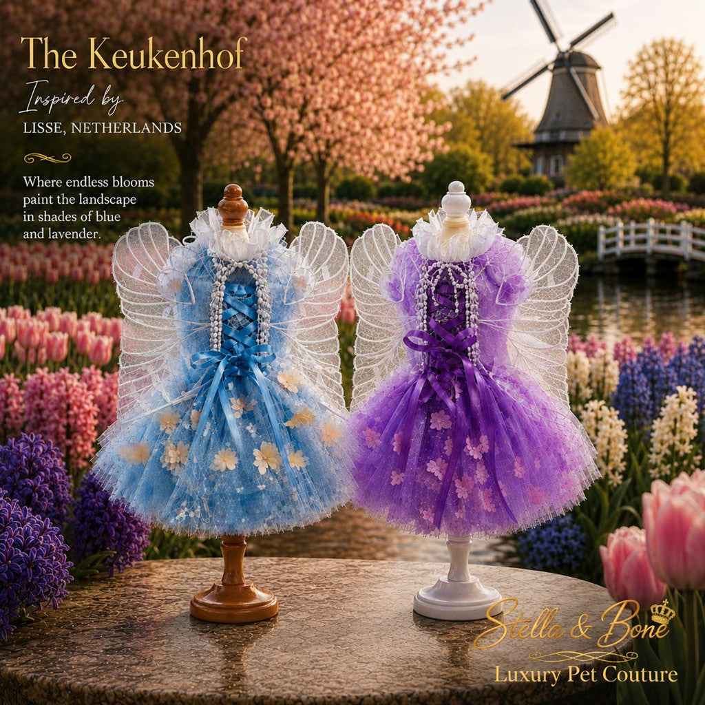 The Keukenhof luxury designer dog tutu dresses with fairy wings in blue and purple on mannequins.
