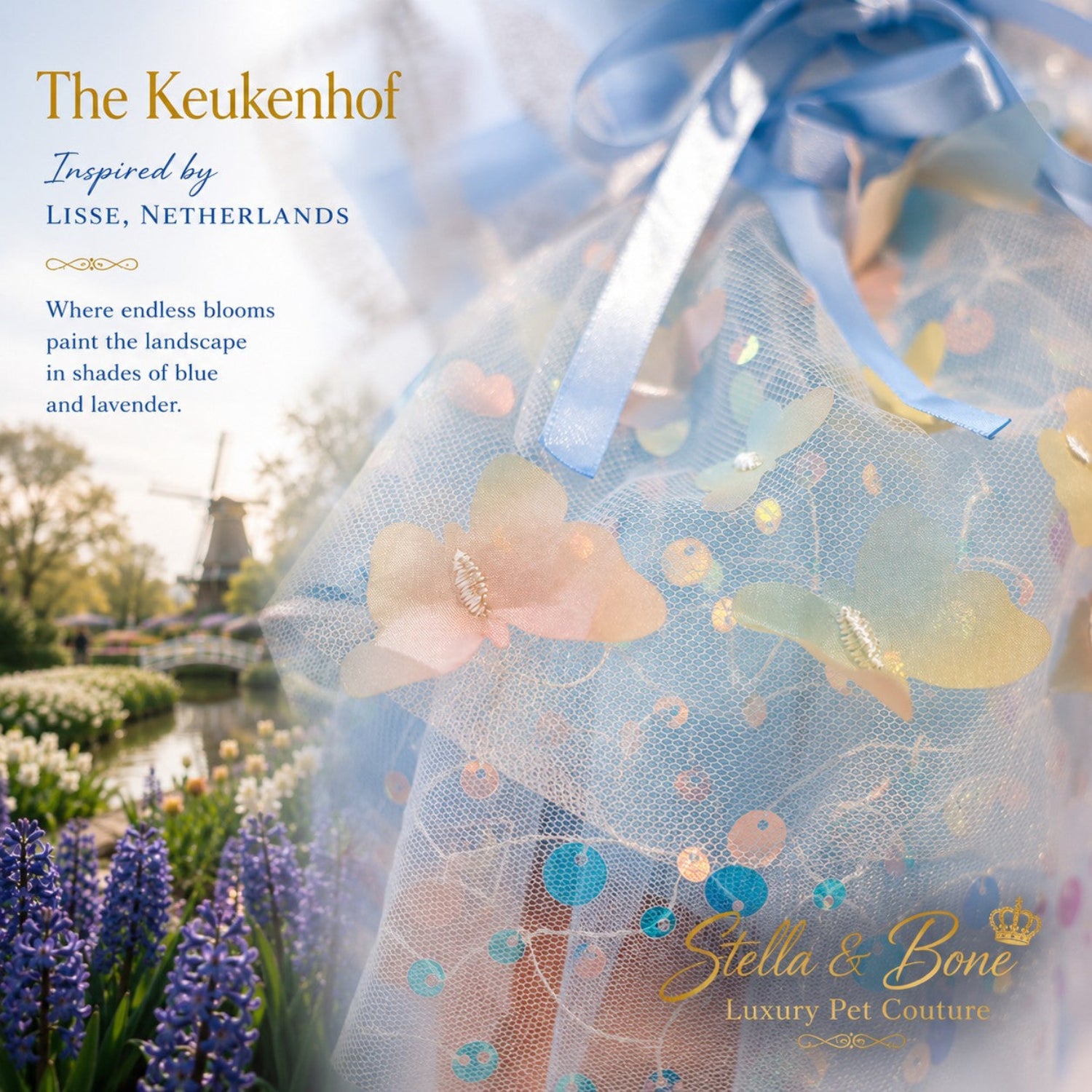 Close-up detail of The Keukenhof luxury pet dress showing light blue satin ribbons, 3D butterflies, and a Dutch windmill.