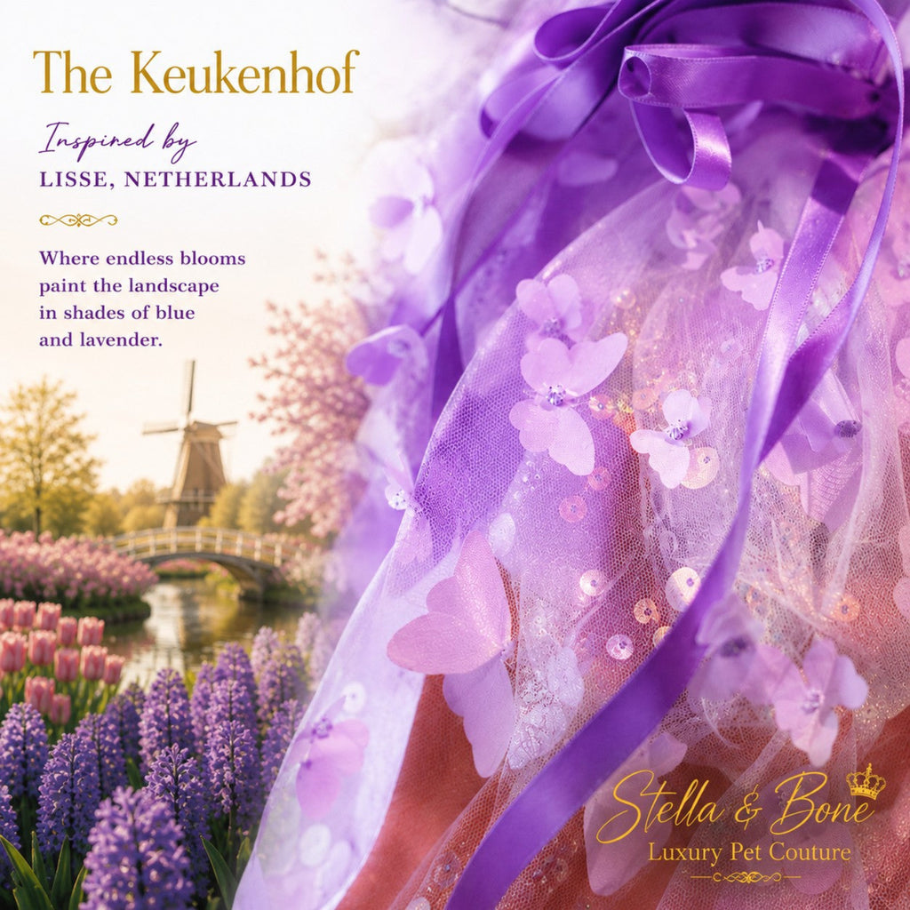 Close-up detail of The Keukenhof luxury pet dress showing lavender satin bows, 3D butterfly accents, and a Dutch windmill.