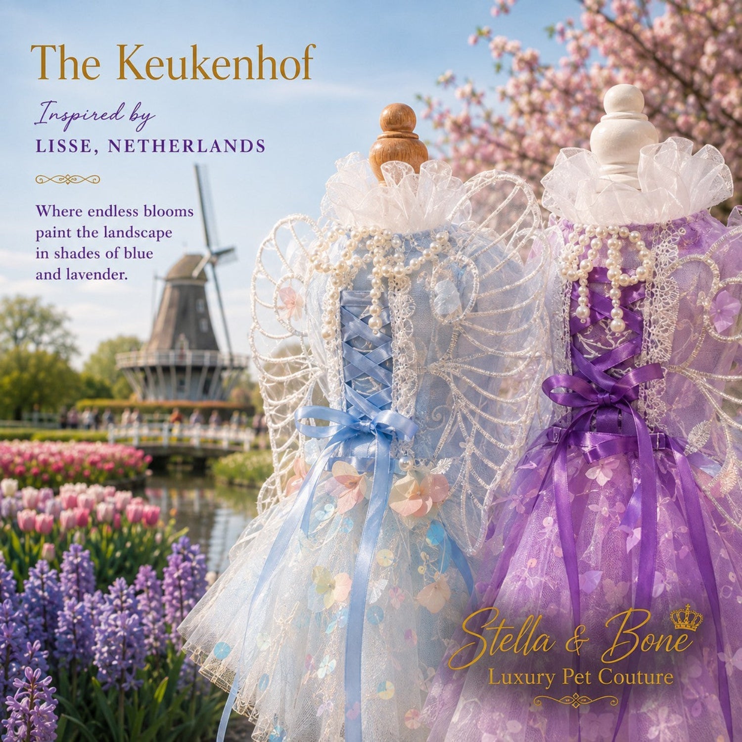 Back view of The Keukenhof luxury pet dresses showing corset lacing, pearl details, and fairy wings on garden mannequins.