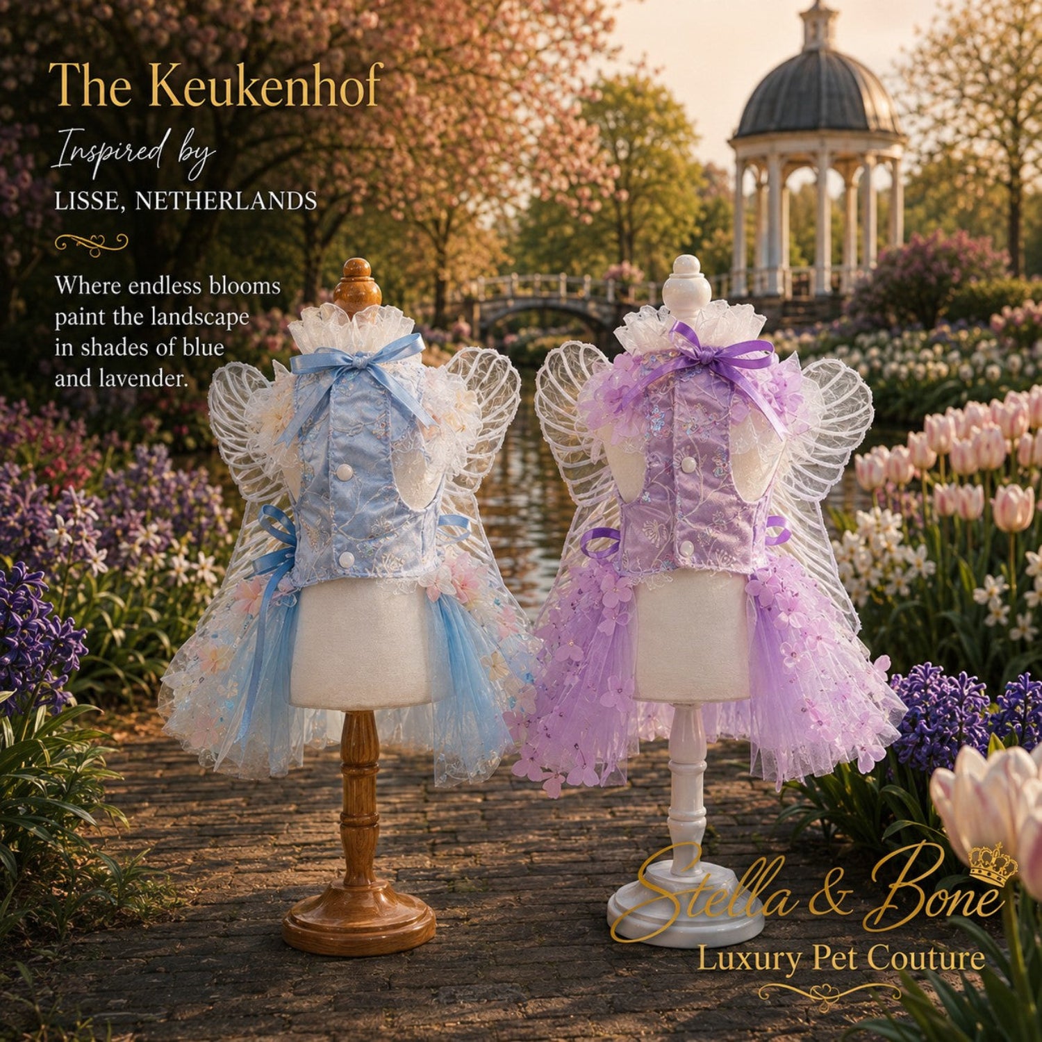 The Keukenhof luxury pet dresses in lavender and light blue with mesh fairy wings, displayed on mannequins in Lisse garden.