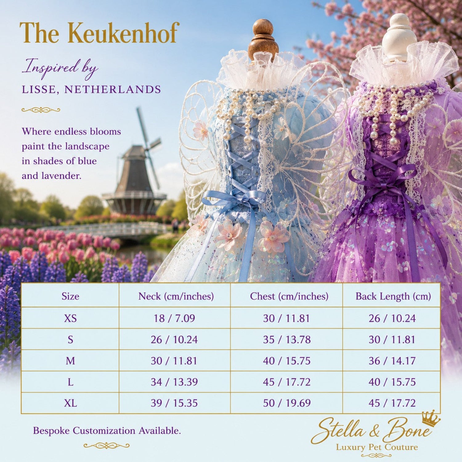 Sizing chart for The Keukenhof luxury pet dresses, featuring measurement tables alongside floral garden mannequins in Lisse.