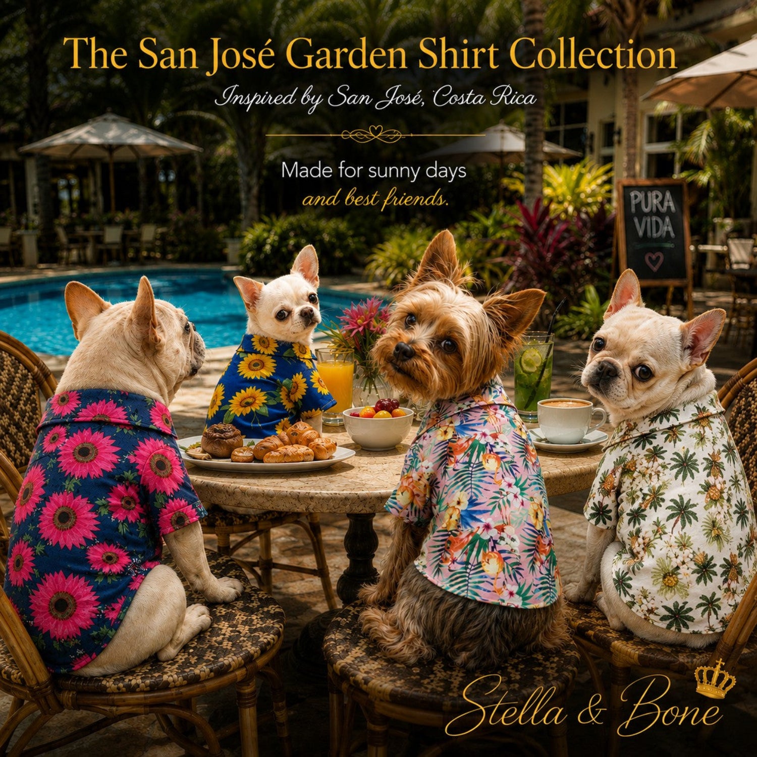 Dogs in The San José Garden Shirt collection enjoy a poolside breakfast at a luxury resort vacation hotel.
