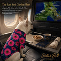 French bulldog in The San José Garden Shirt sits in a first-class seat with pet resort snacks
