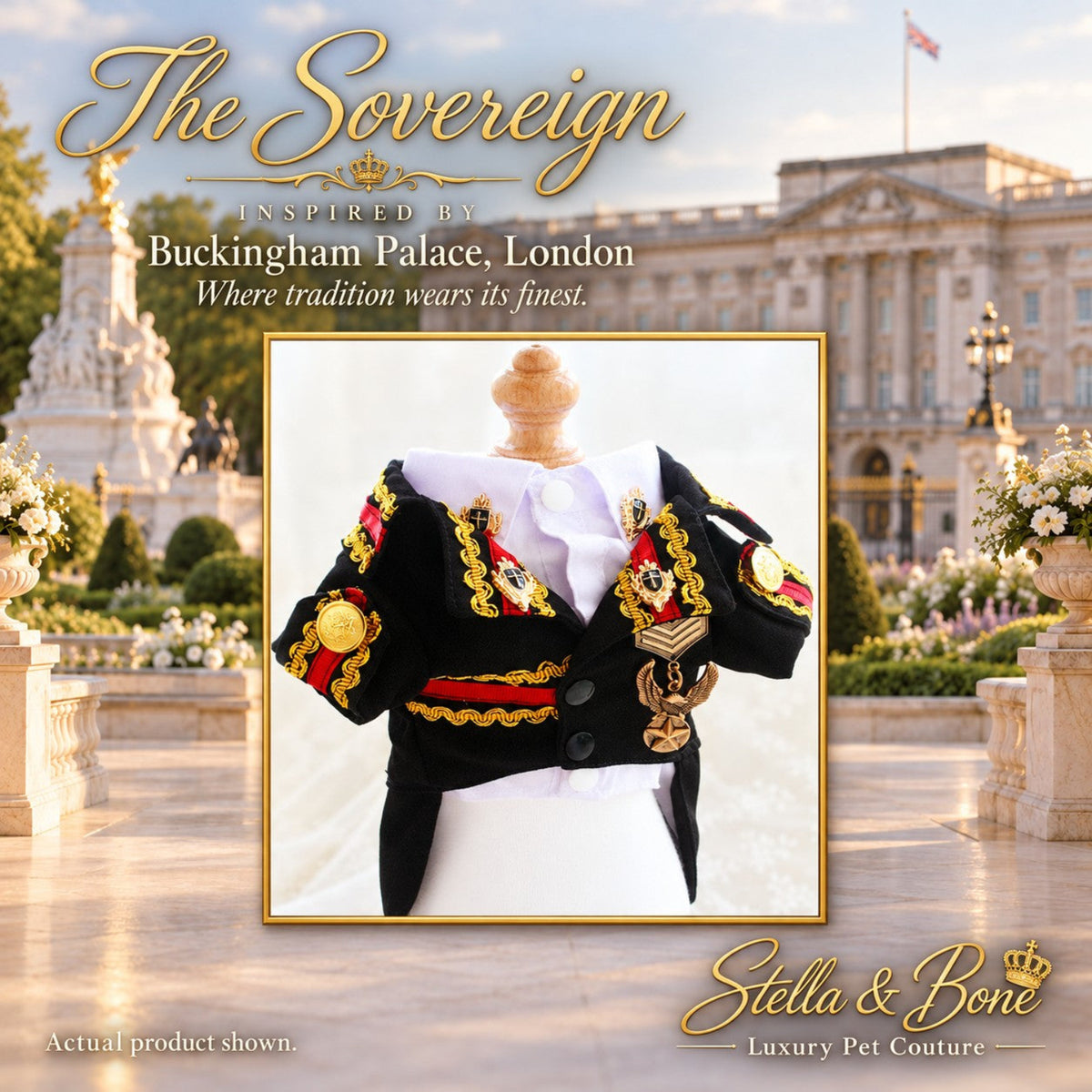 A luxury pet coat 'The Sovereign' on a mannequin in front of a Buckingham Palace background. 