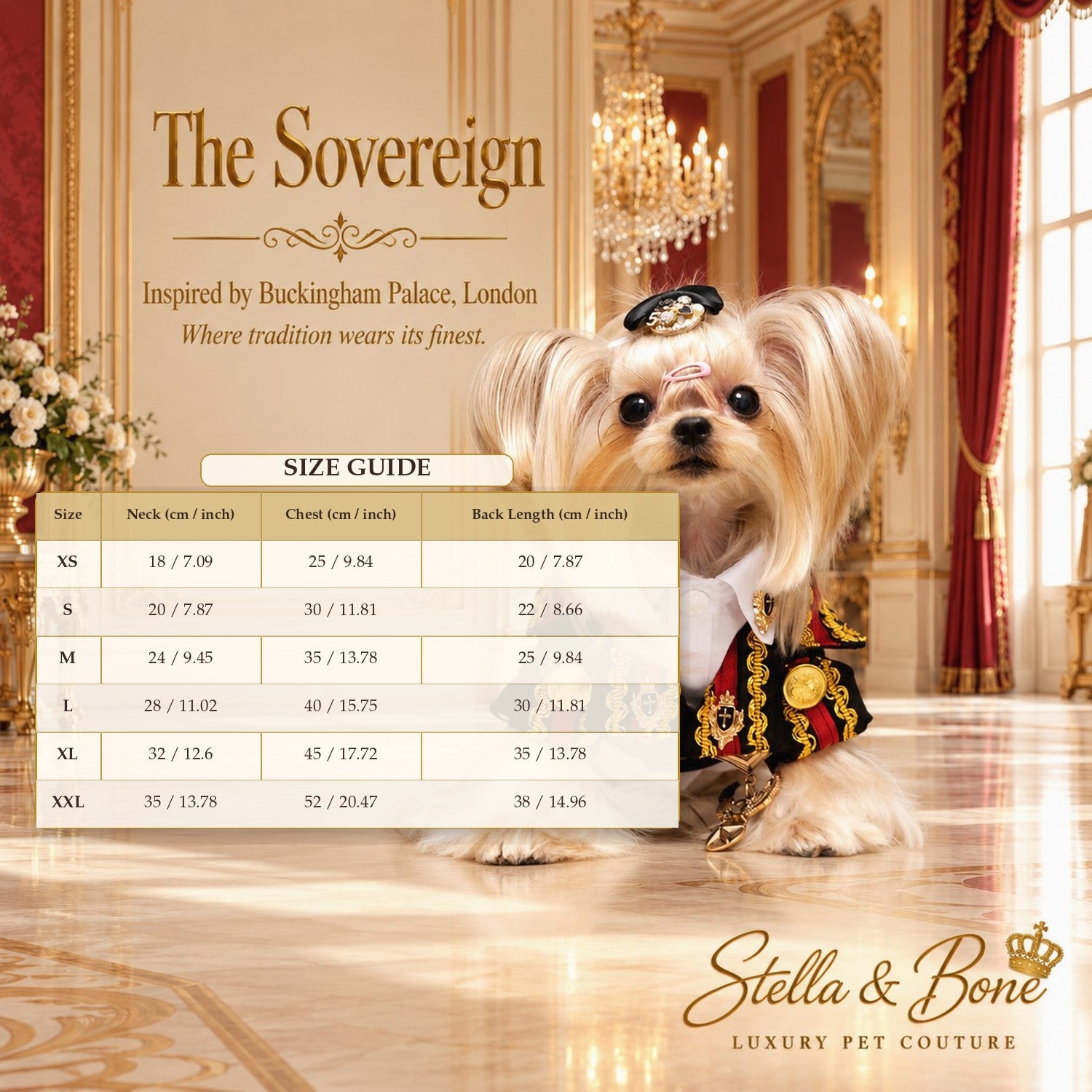 The Sovereign dog military jacket and shirt size chart. Standard and bespoke customization is available