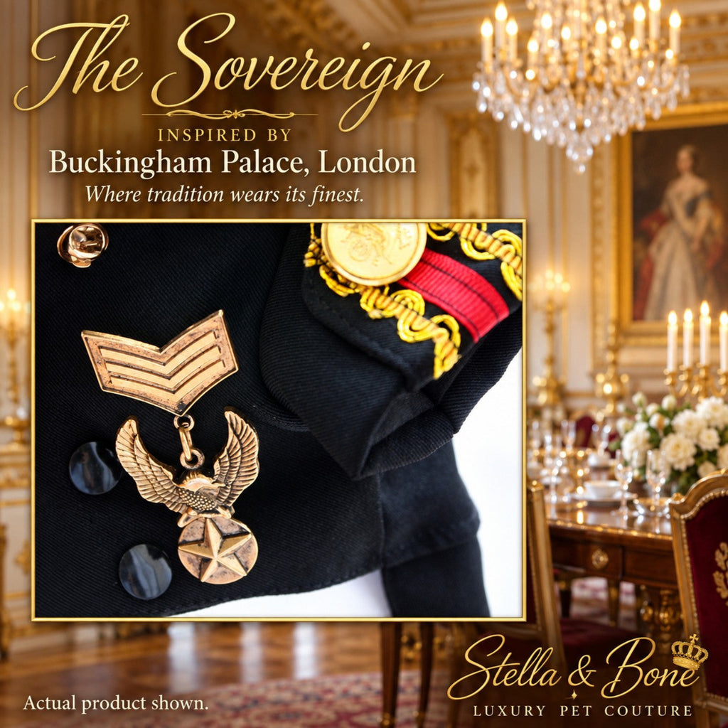 Gold eagle medal and buttons on The Sovereign military style luxury dog wedding tuxedo jacket.