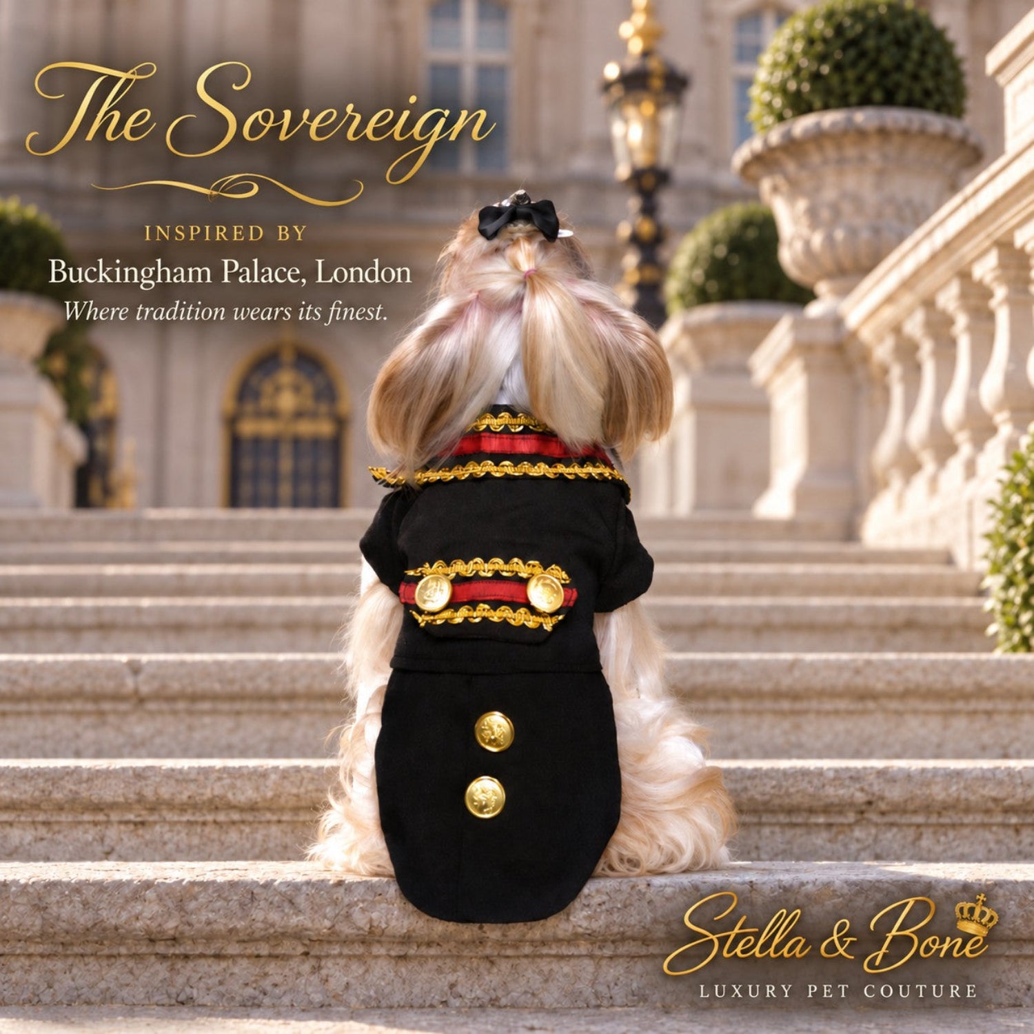 A small fluffy dog on stone steps facing a grand palace, wearing a black military-style pet coat with gold trim and gold buttons - The Sovereign