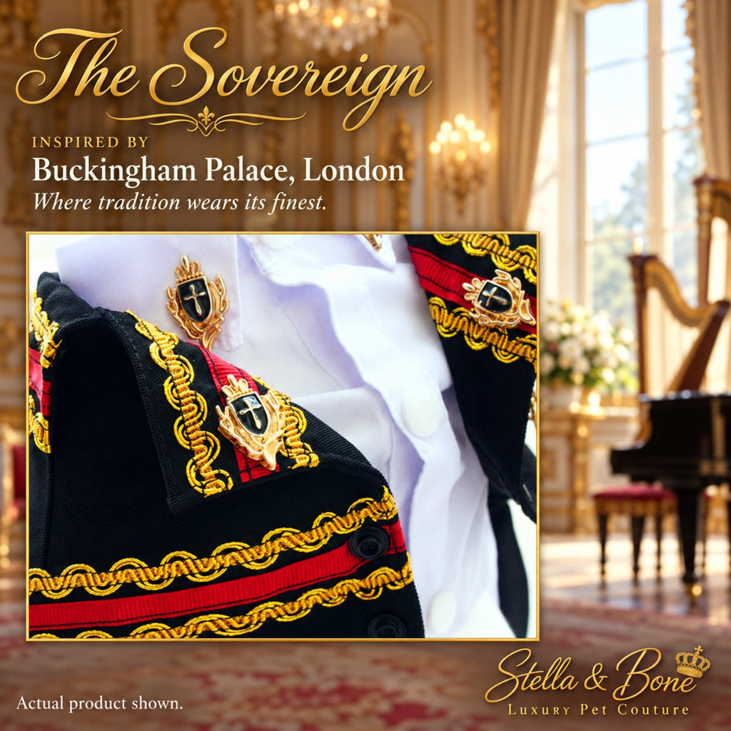 Close-up of the gold crest embroidery and pins on The Sovereign royal dog tuxedo jacket for a luxury wedding.