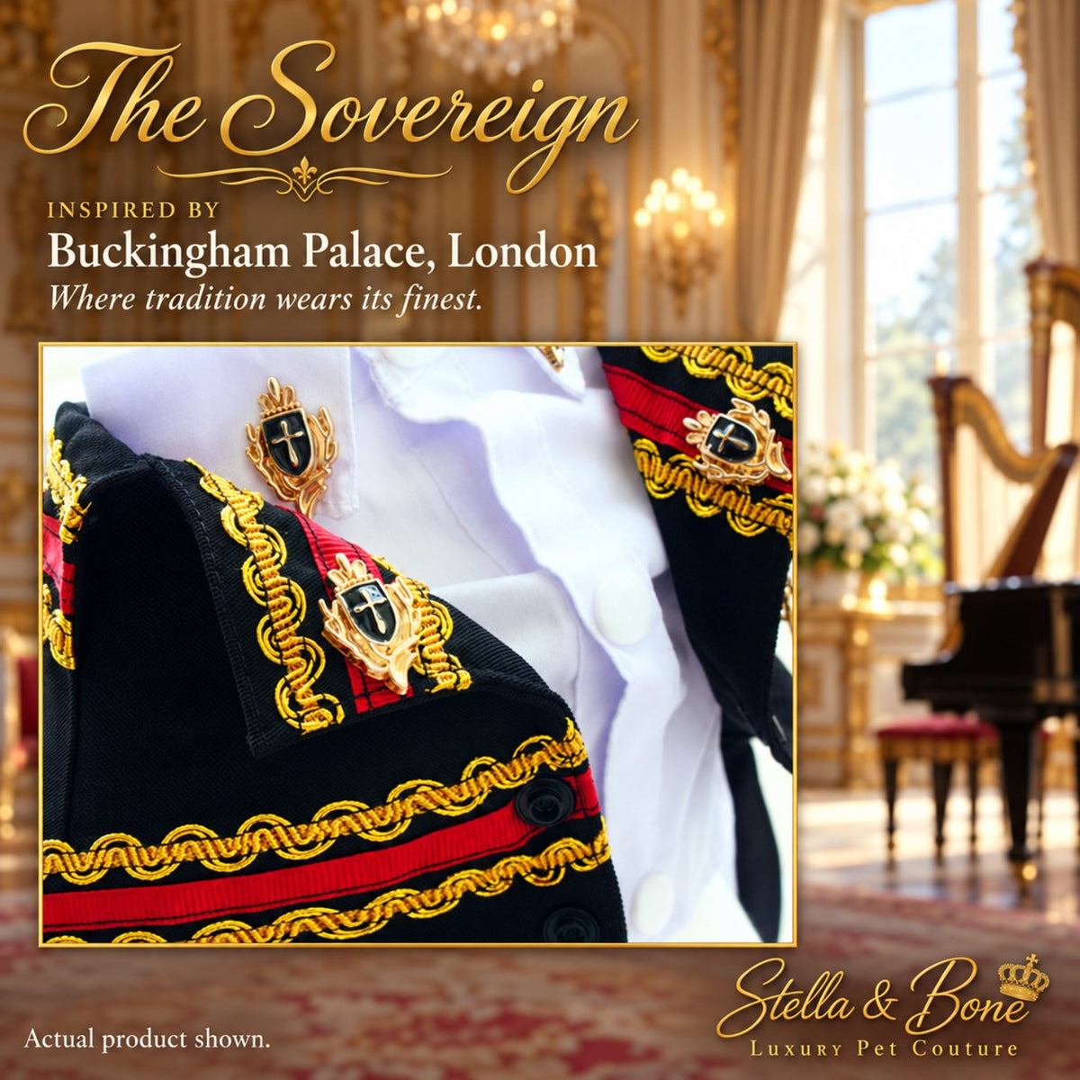 Close-up of the gold crest embroidery and pins on The Sovereign royal dog tuxedo jacket for a luxury wedding.