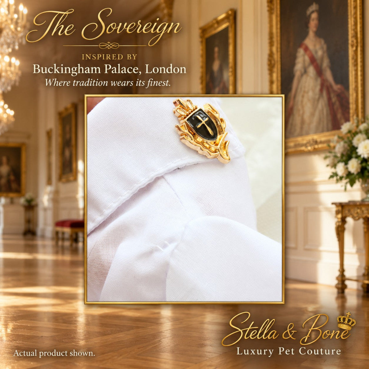 Close-up of the gold crest collar pins on The Sovereign white dog wedding tuxedo shirt for a royal ring bearer.