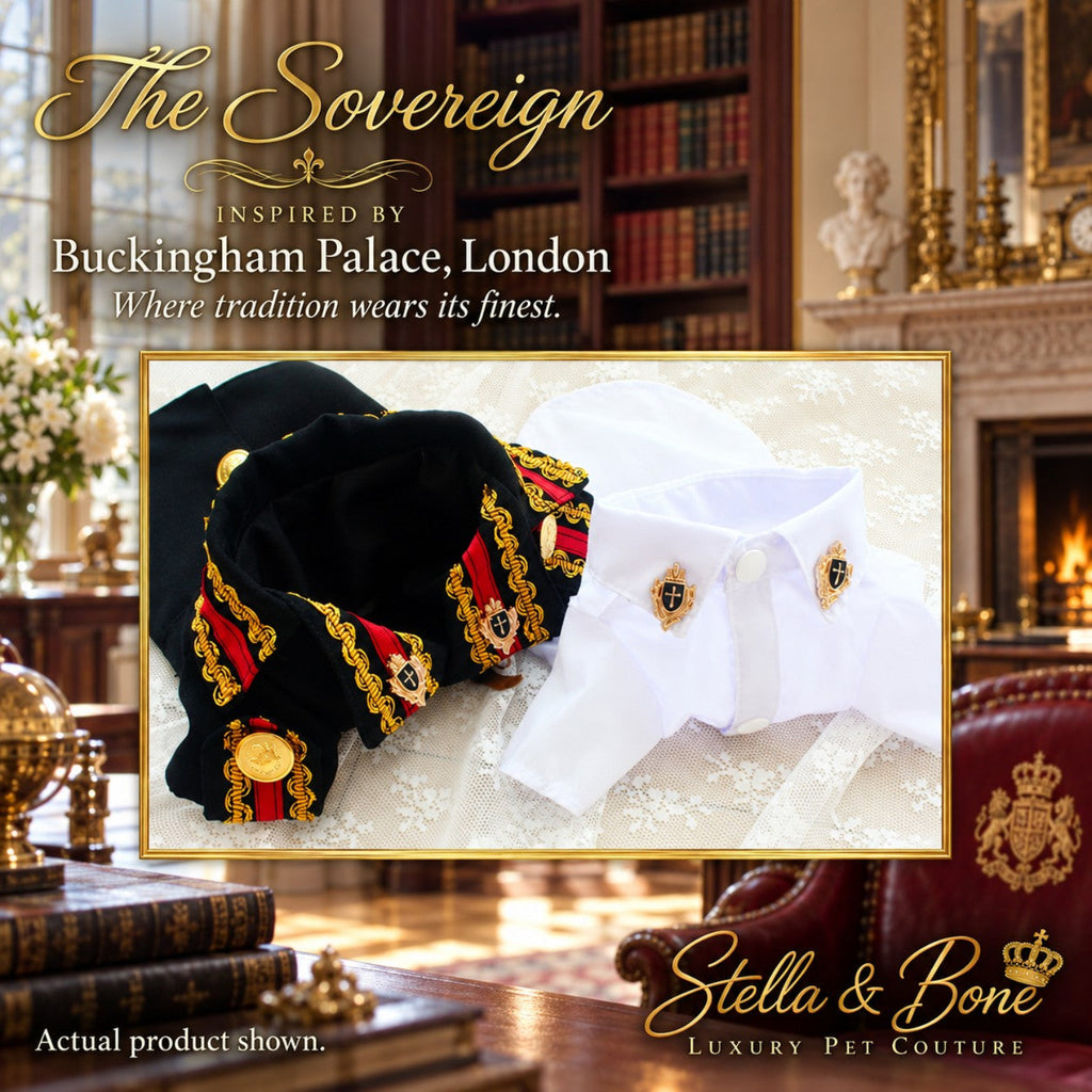 The Sovereign luxury dog tuxedo and shirt for a royal military themed wedding ring bearer.