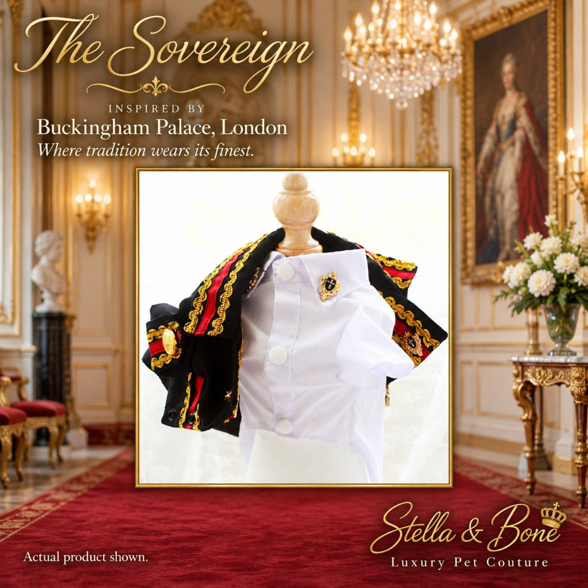 The Sovereign, dog military-style jacket and shirt on a mannequin torso, set against an ornate Buckingham Palace-inspired interior 