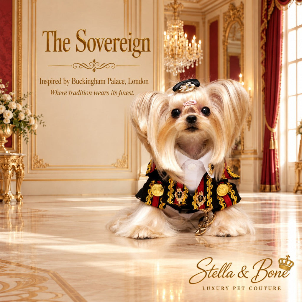 Shih Tzu  wearing an ornate black, red, and gold ceremonial pet outfit - The Sovereign in London