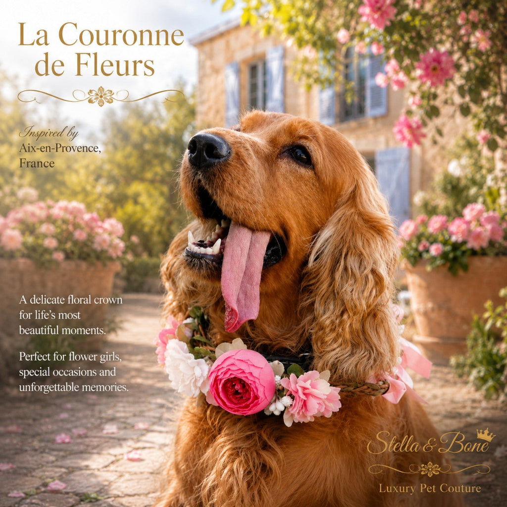 Venetian Pink luxury dog floral collar wreath featuring vibrant silk peonies, worn by a happy golden Cocker Spaniel dog.