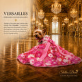 Versailles luxury pink floral dog dress, designer pet couture gown styled inside a grand formal palace ballroom.