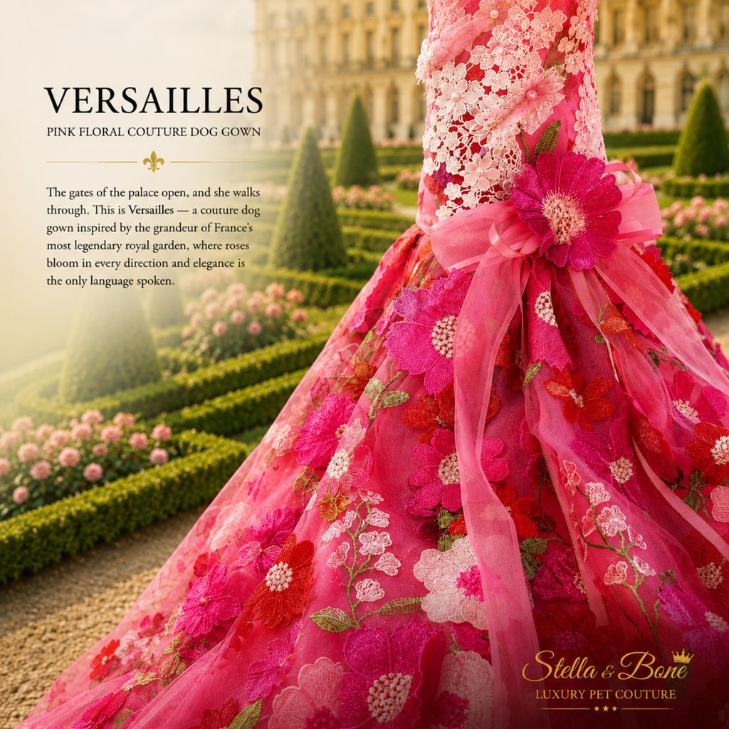 Versailles luxury pink floral dog gown close-up, showcasing premium 3D lace embroidery details and an elegant bow.