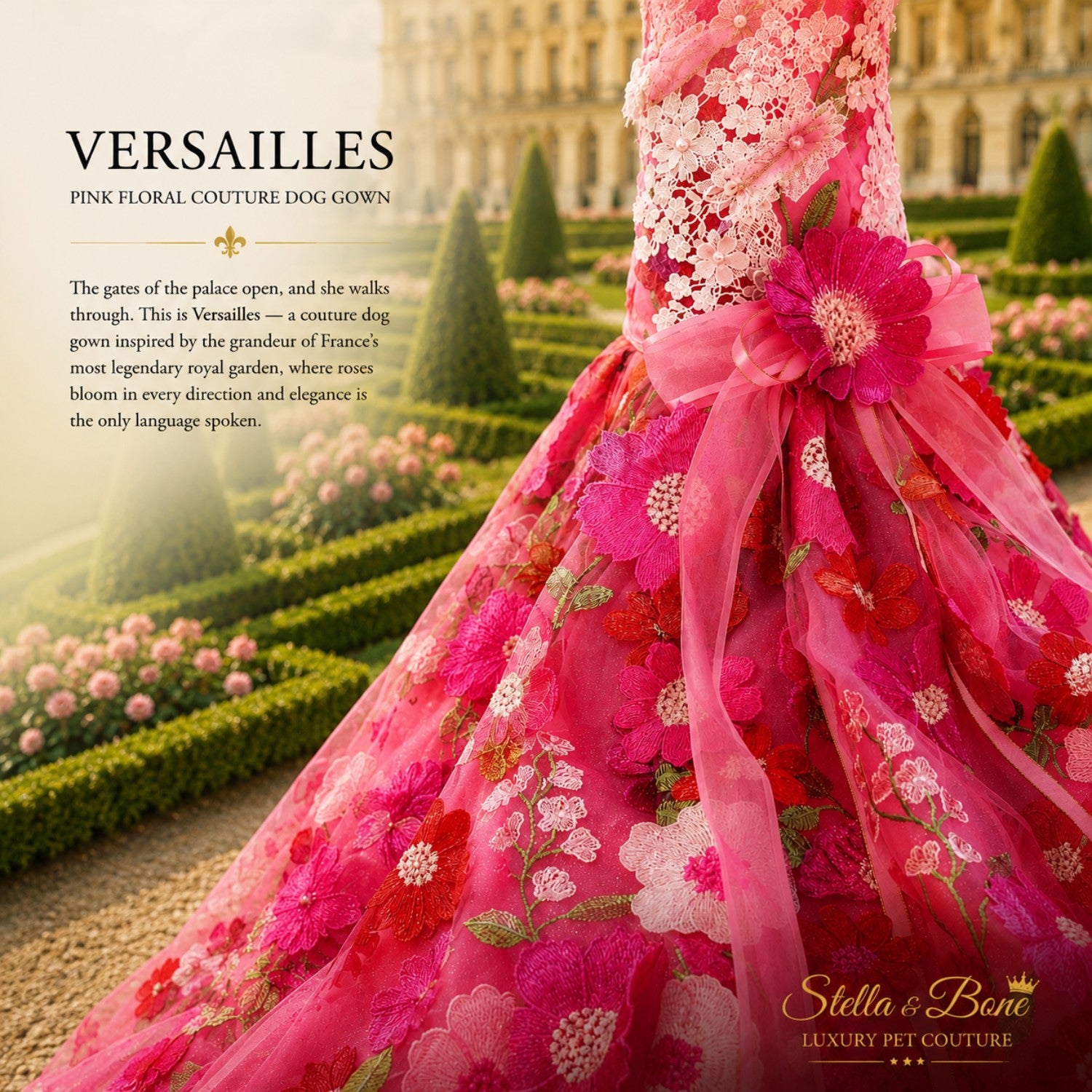 Versailles luxury pink floral dog gown close-up, showcasing premium 3D lace embroidery details and an elegant bow.