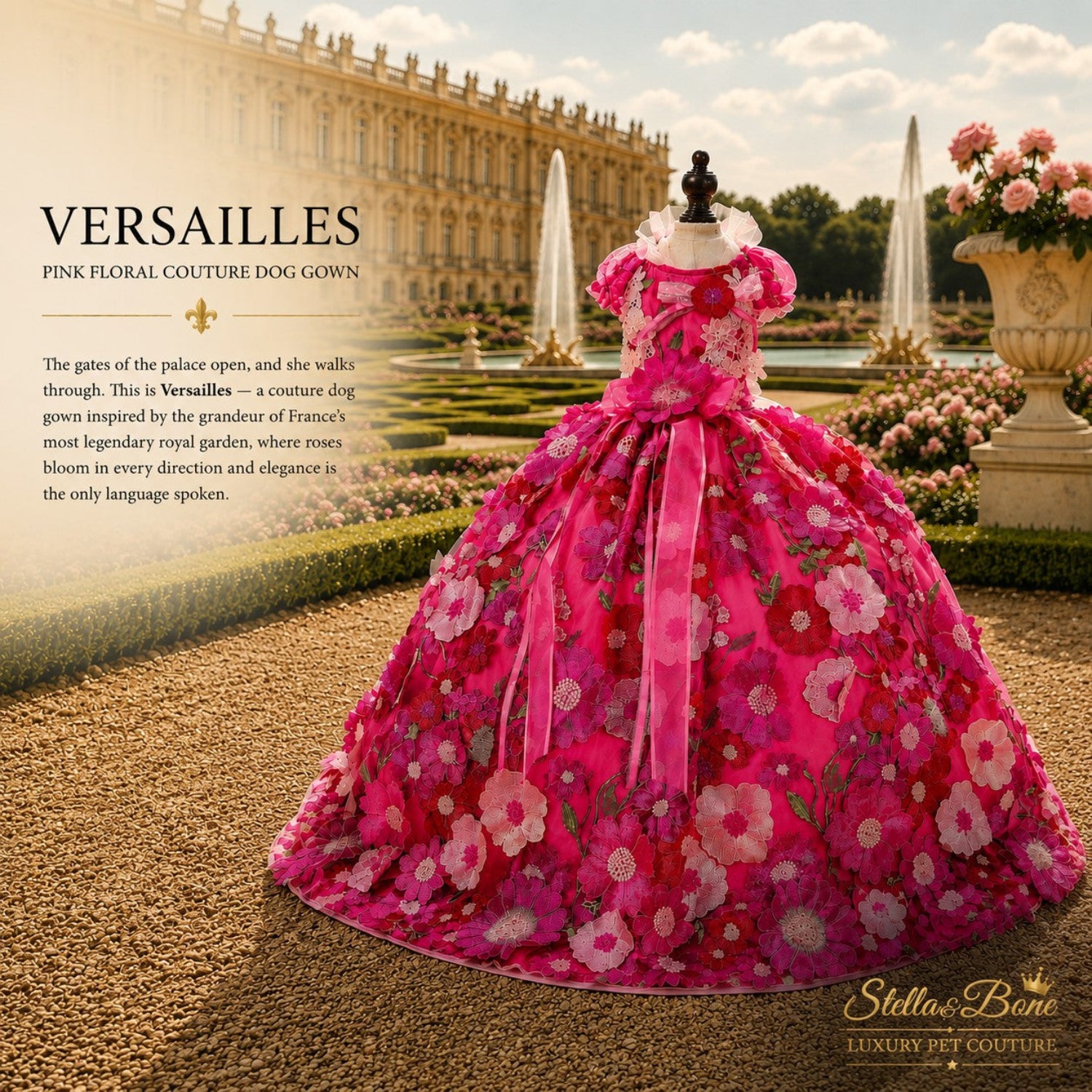 Versailles luxury pink floral dog gown on a mannequin, featuring designer pet couture in a royal palace garden.