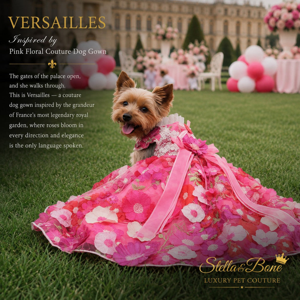 Versailles luxury pink floral dog gown on a Yorkie, featuring designer pet couture in a grand French palace setting.