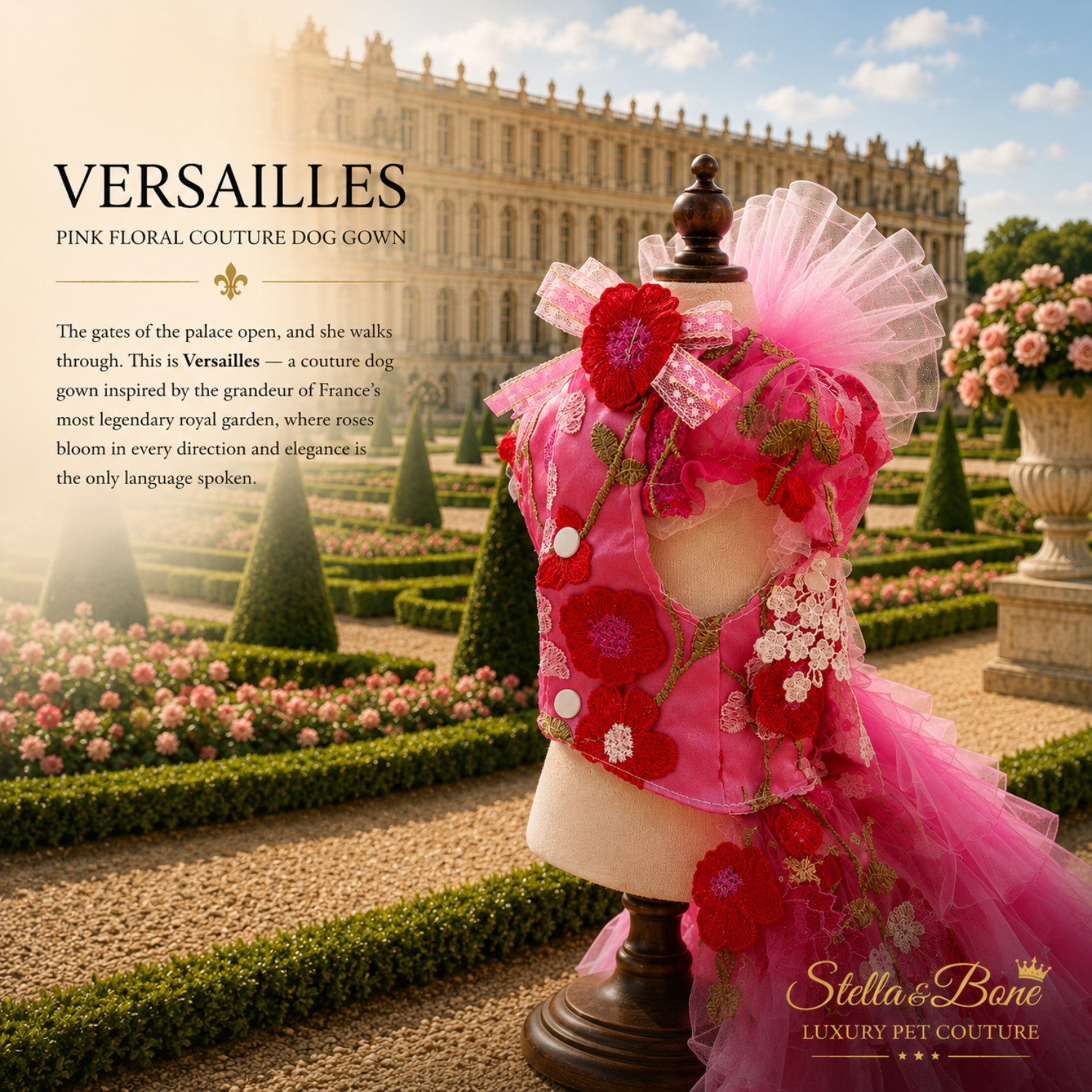 Versailles luxury pink floral dog gown side view, showcasing designer bodice details and ruffles in a palace garden.