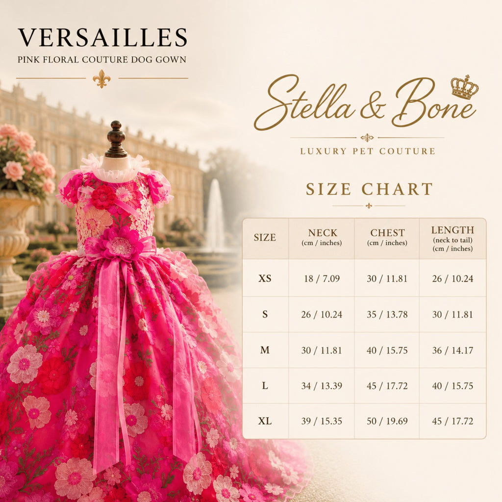 Versailles luxury pink floral dog gown size chart, featuring bespoke custom fit options for premium pet apparel.