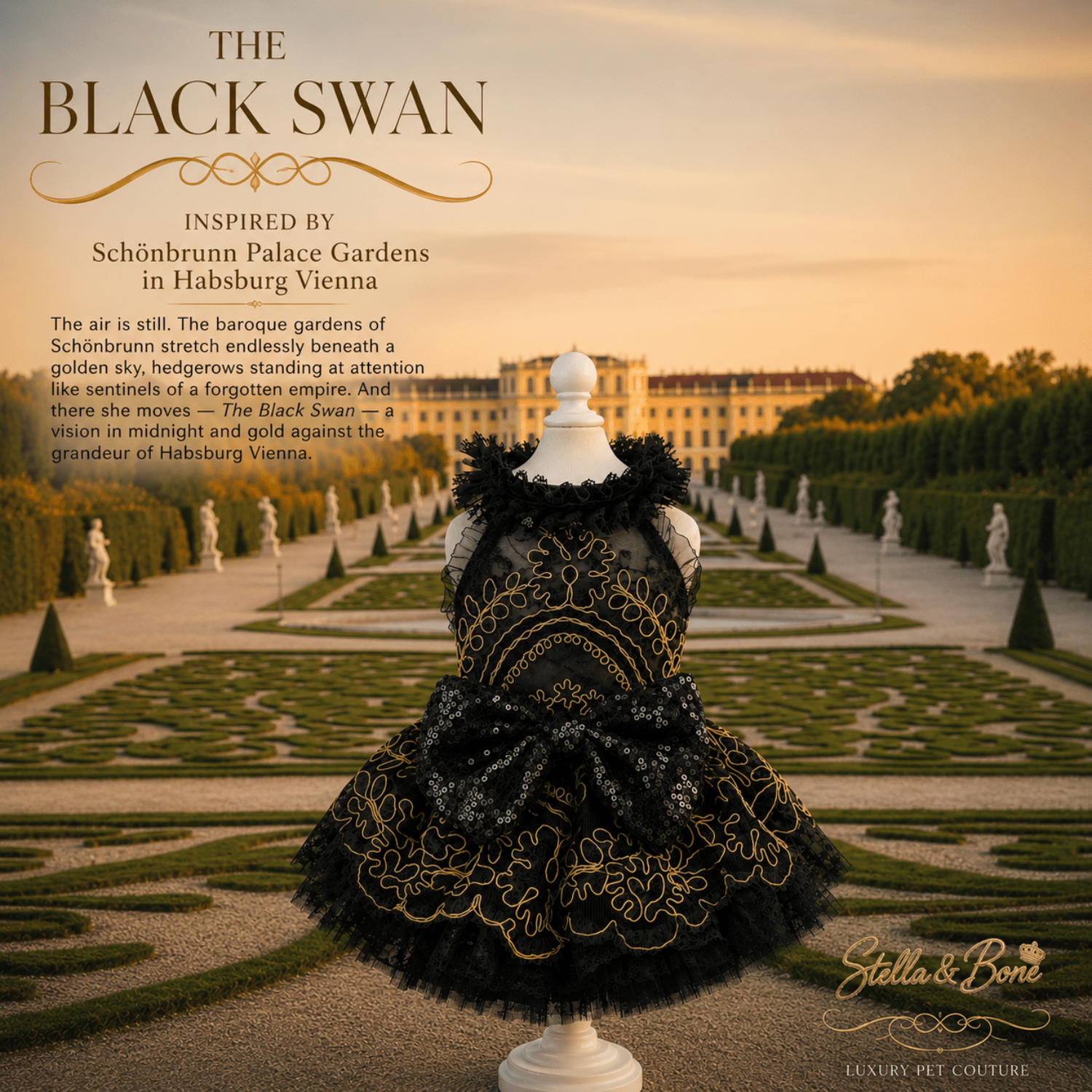 The Black Swan, black and gold pet ballgown dress Schönbrunn Palace in Vienna. Great for black-tie occasions.