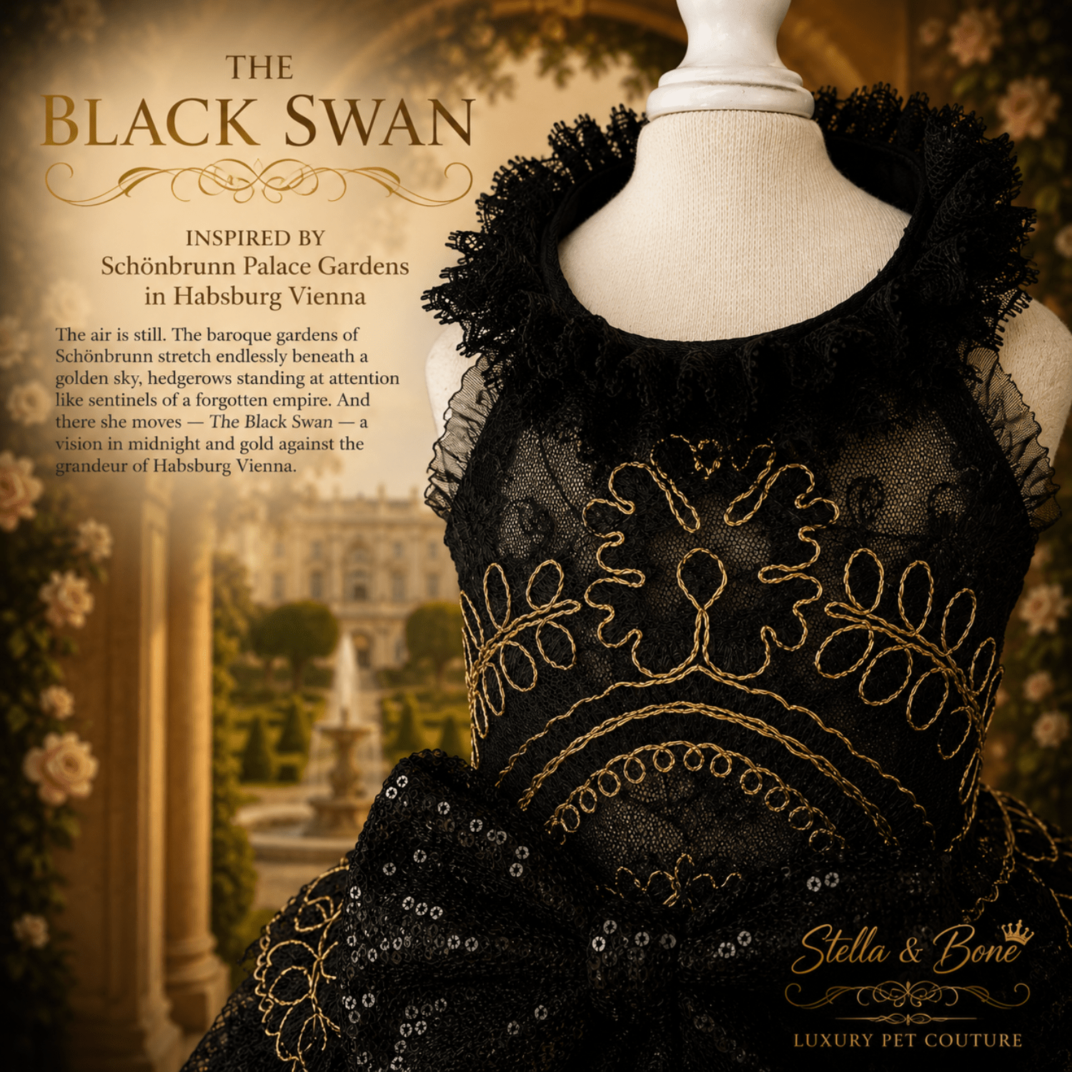 The Black Swan, black lace pet dress featuring intricate gold embroidery and sequined detailing. Great for formal occasions.