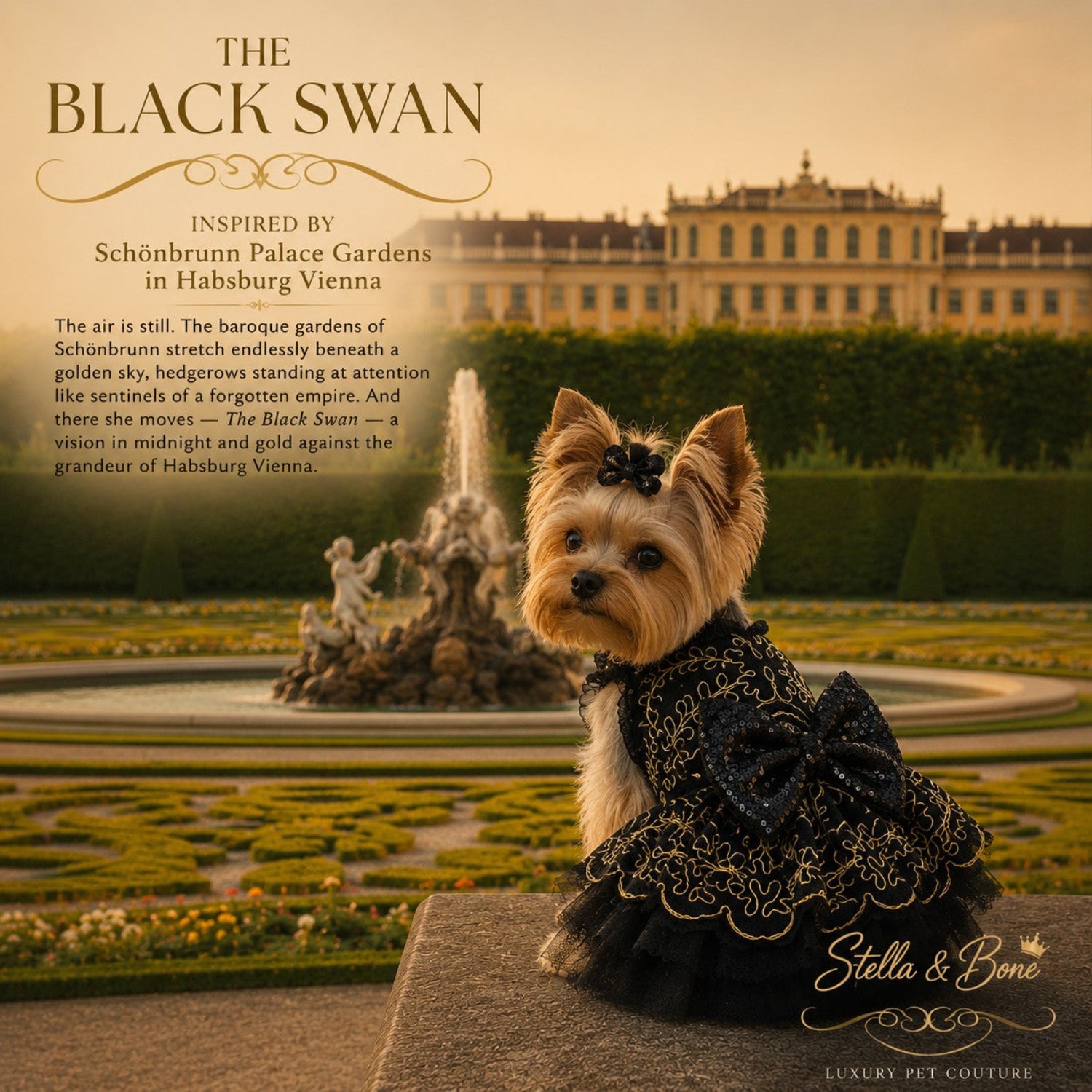 Yorkie wearing a black lace-trimmed dress with a large bow in a formal garden in front of Schönbrunn Palace in Vienna. 