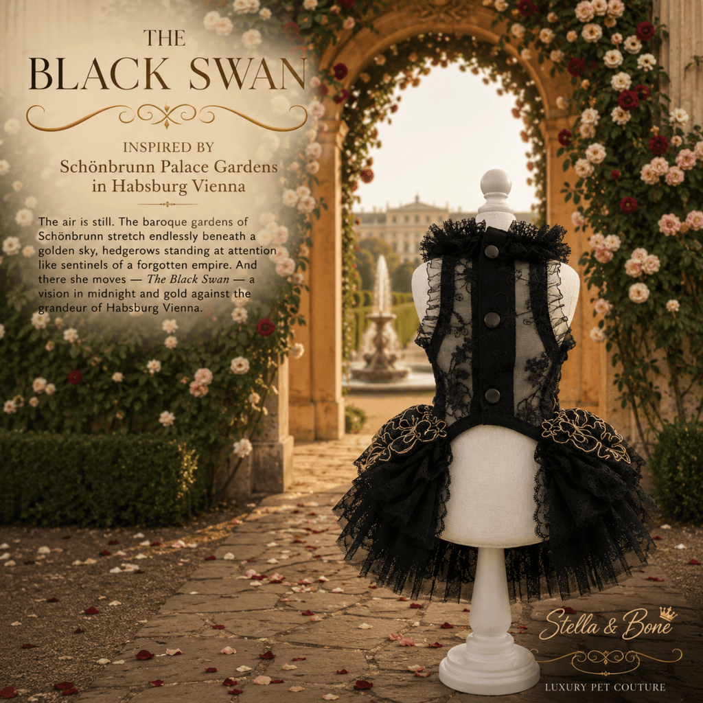 The Black Swan, black and gold lace pet bustle in Habsburg, Vienna. Curated by Stella and Bone