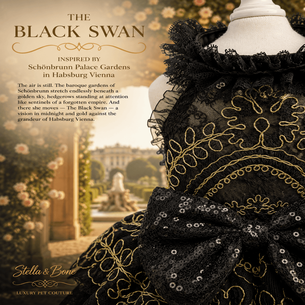 A closeup of The Black Swan a black lace and embroidered dress or costume in blurred outdoor garden 