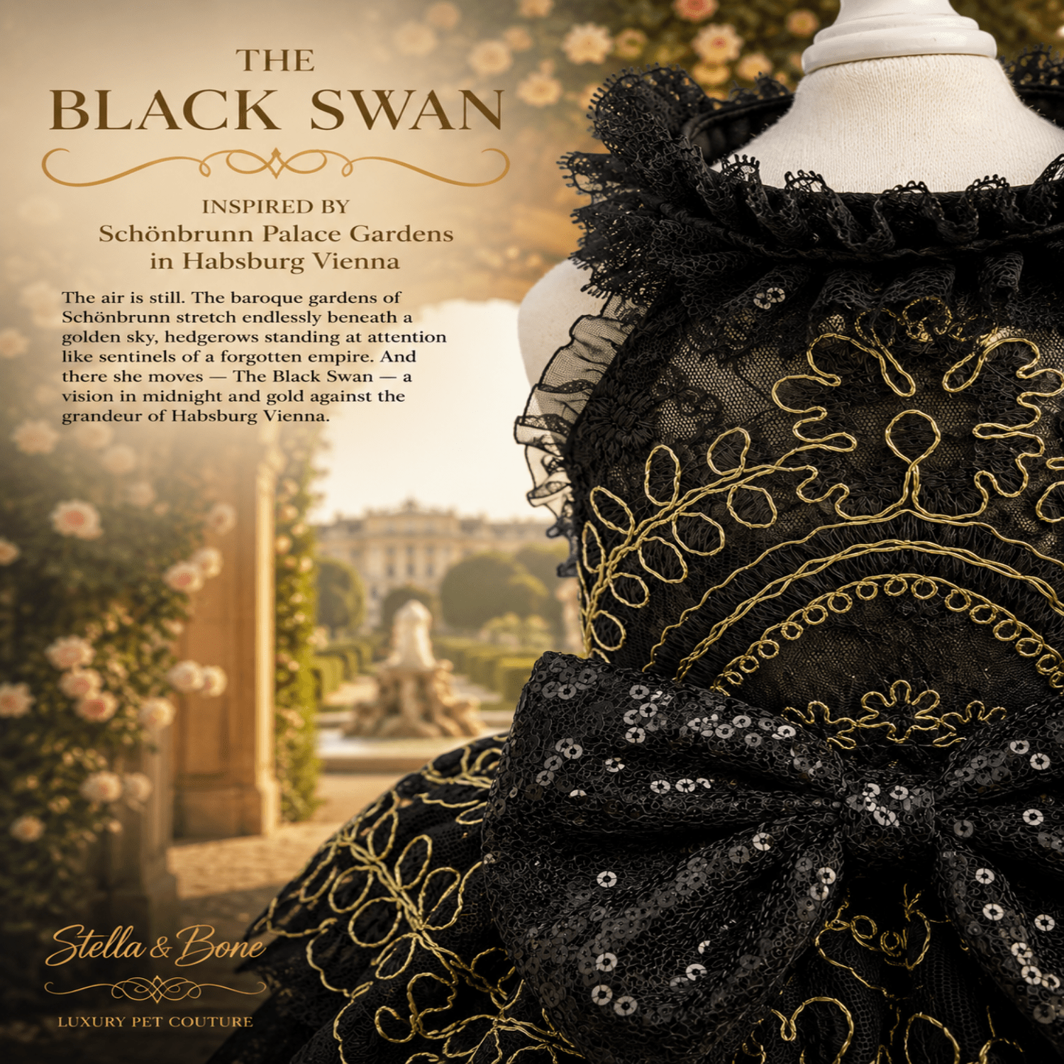 A closeup of The Black Swan a black lace and embroidered dress or costume in blurred outdoor garden 