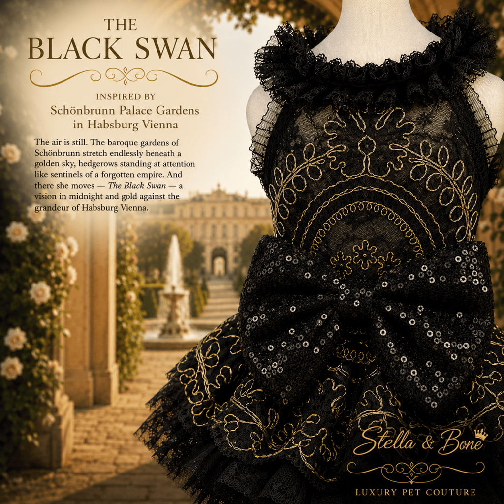 The Black Swan, black lace and sequined pet dress in Habsburg, Vienna. Perfect for formal weddings, celebrations