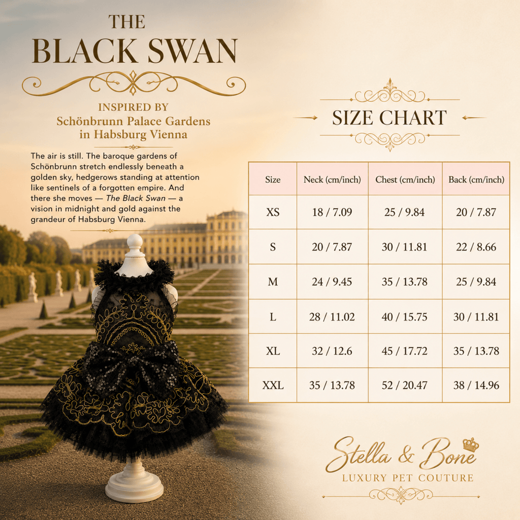 Size chart for The Black Swan pet gown. Perfect couture for formal, wedding, and photo shoots