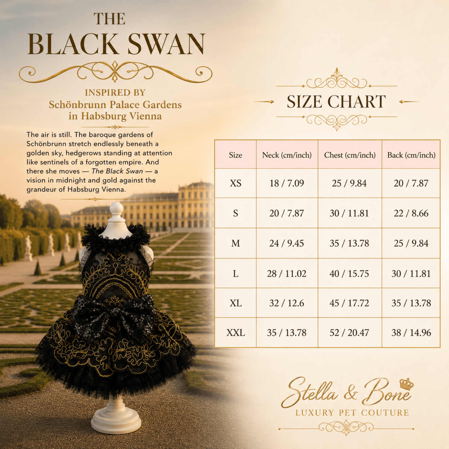 Size chart for The Black Swan pet gown. Perfect couture for formal, wedding, and photo shoots