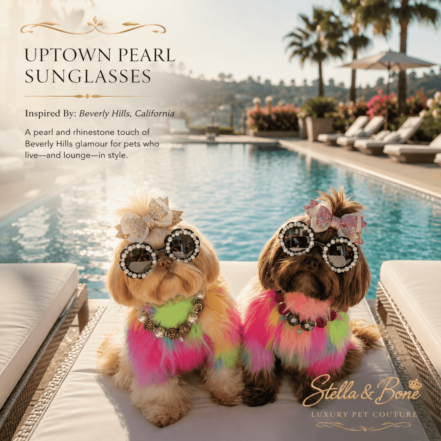 Two Shih Tzus wearing Uptown Pearl rhinestone sunglasses and rainbow fur coats on Beverly Hills pool loungers
