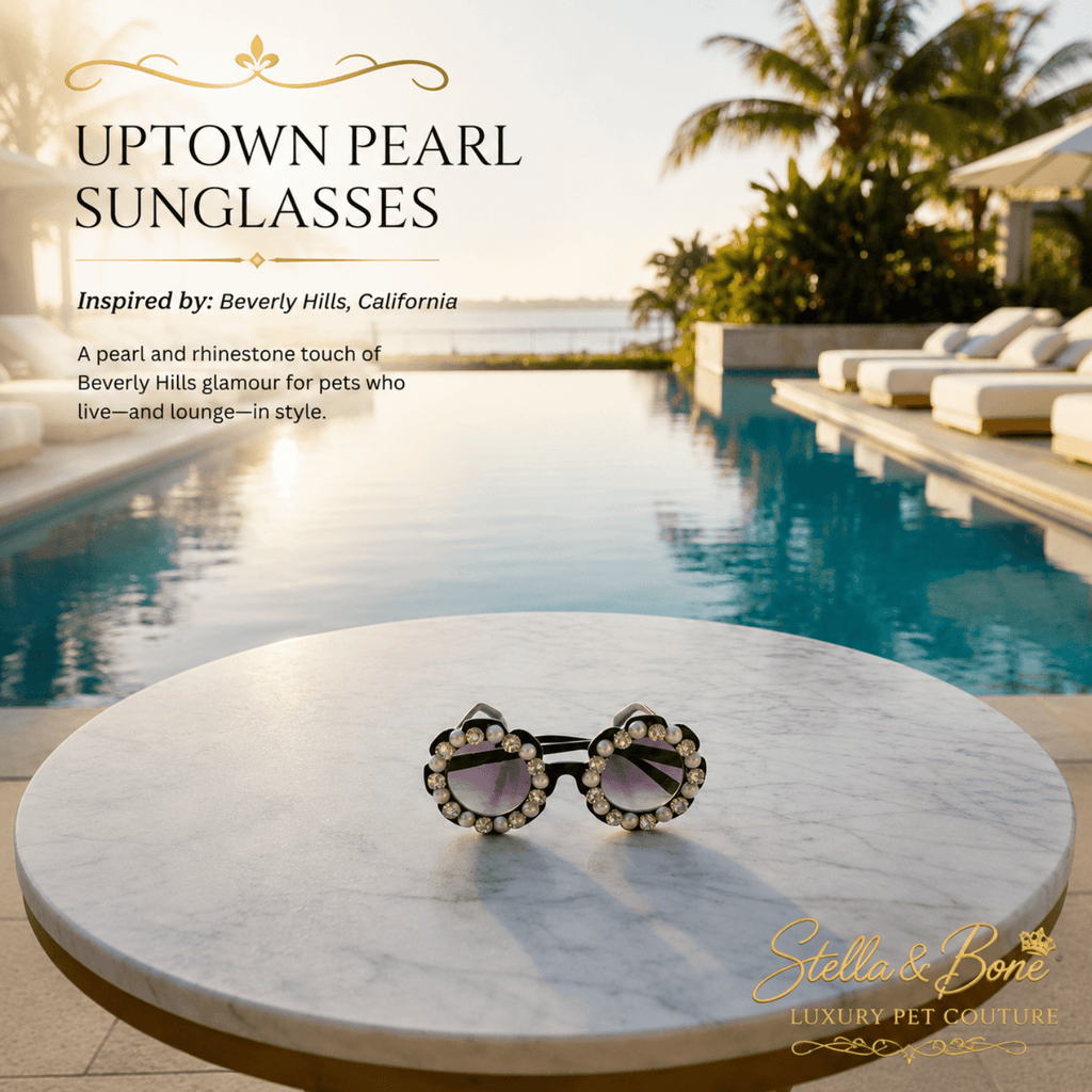 Uptown Pearl rhinestone and pearl pet sunglasses on marble table Beverly Hills pool luxury dog cat accessory