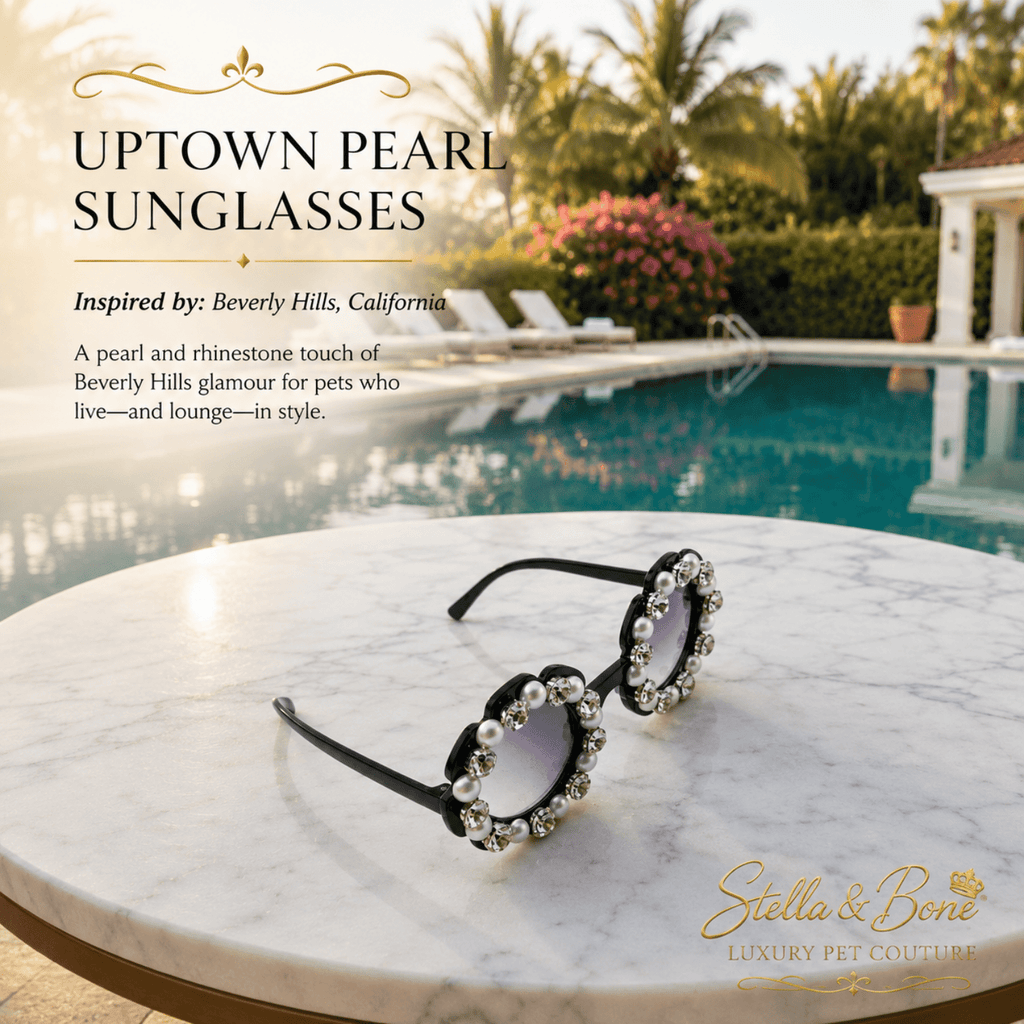 Close up of Uptown Pearl pet sunglasses showing pearl and rhinestone frame detail Beverly Hills pool