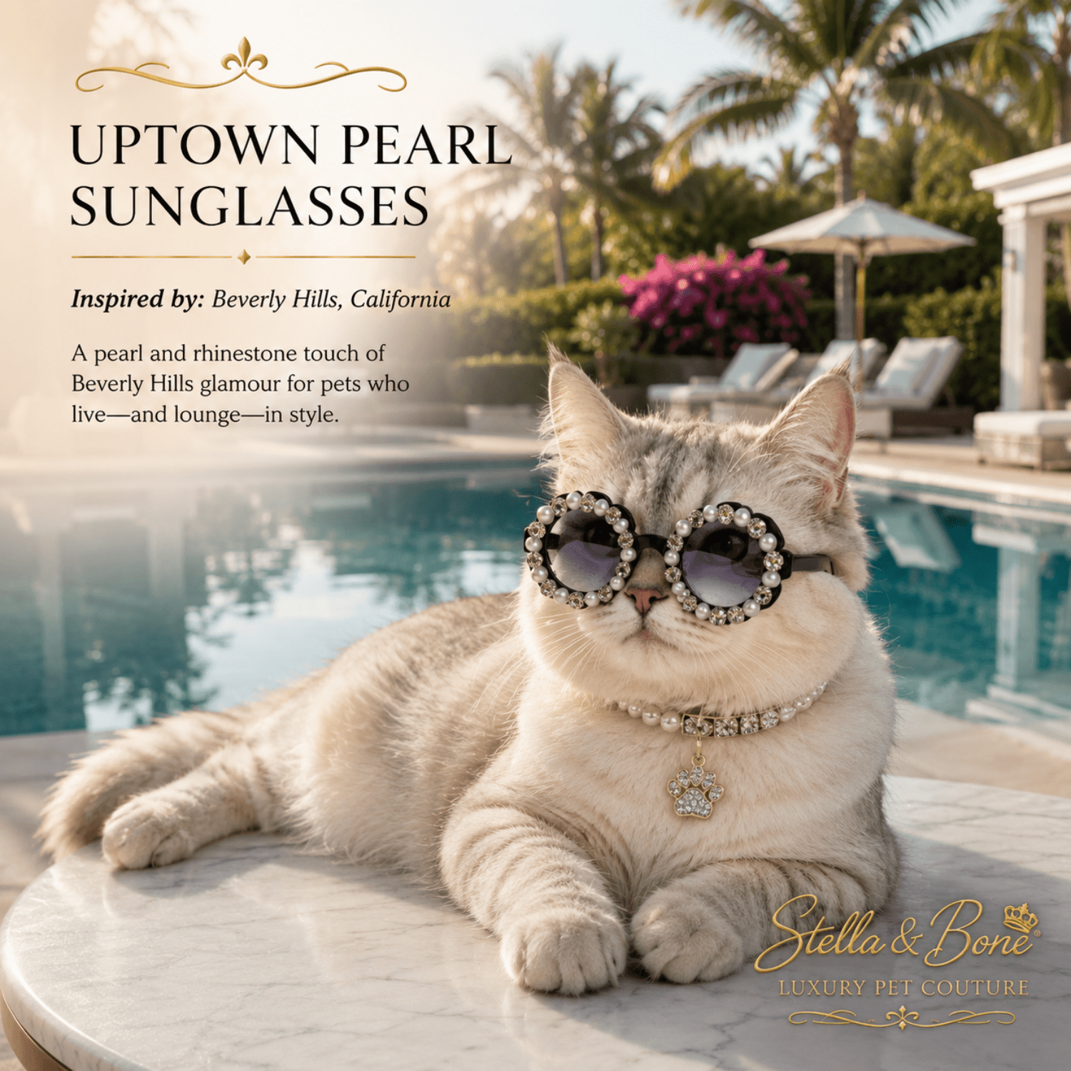 Exotic Shorthair cat wearing Uptown Pearl rhinestone sunglasses and pearl collar by Beverly Hills pool, luxury pet