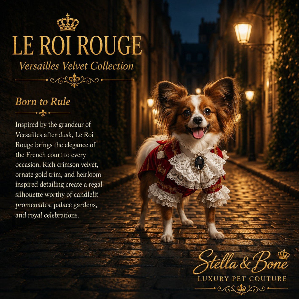Le Roi Rouge luxury dog coat – dramatic white ruffled collar with large smoky jewel brooch centerpiece. Destination events