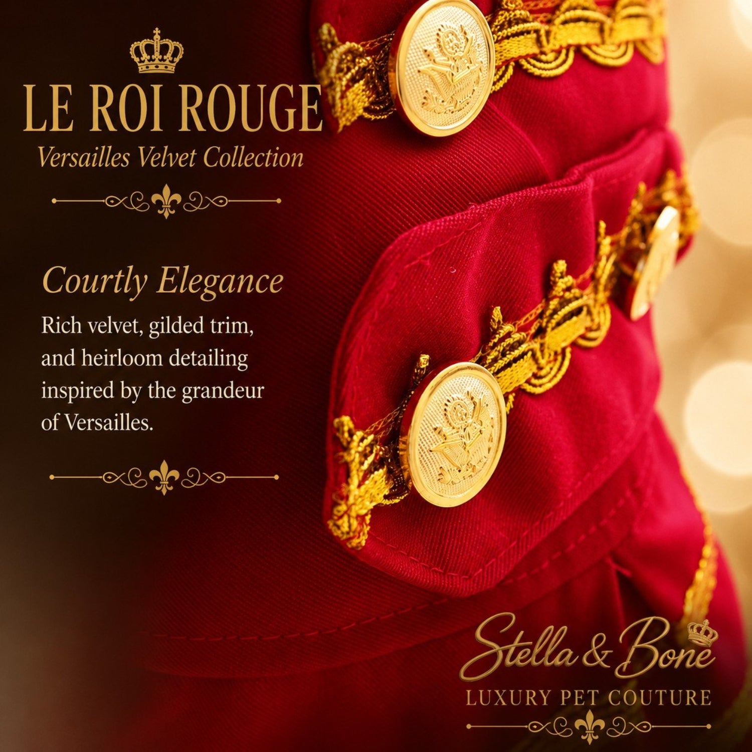 Detail of Le Roi Rouge Versailles inspired red velvet dog coat – couture French court tailcoat