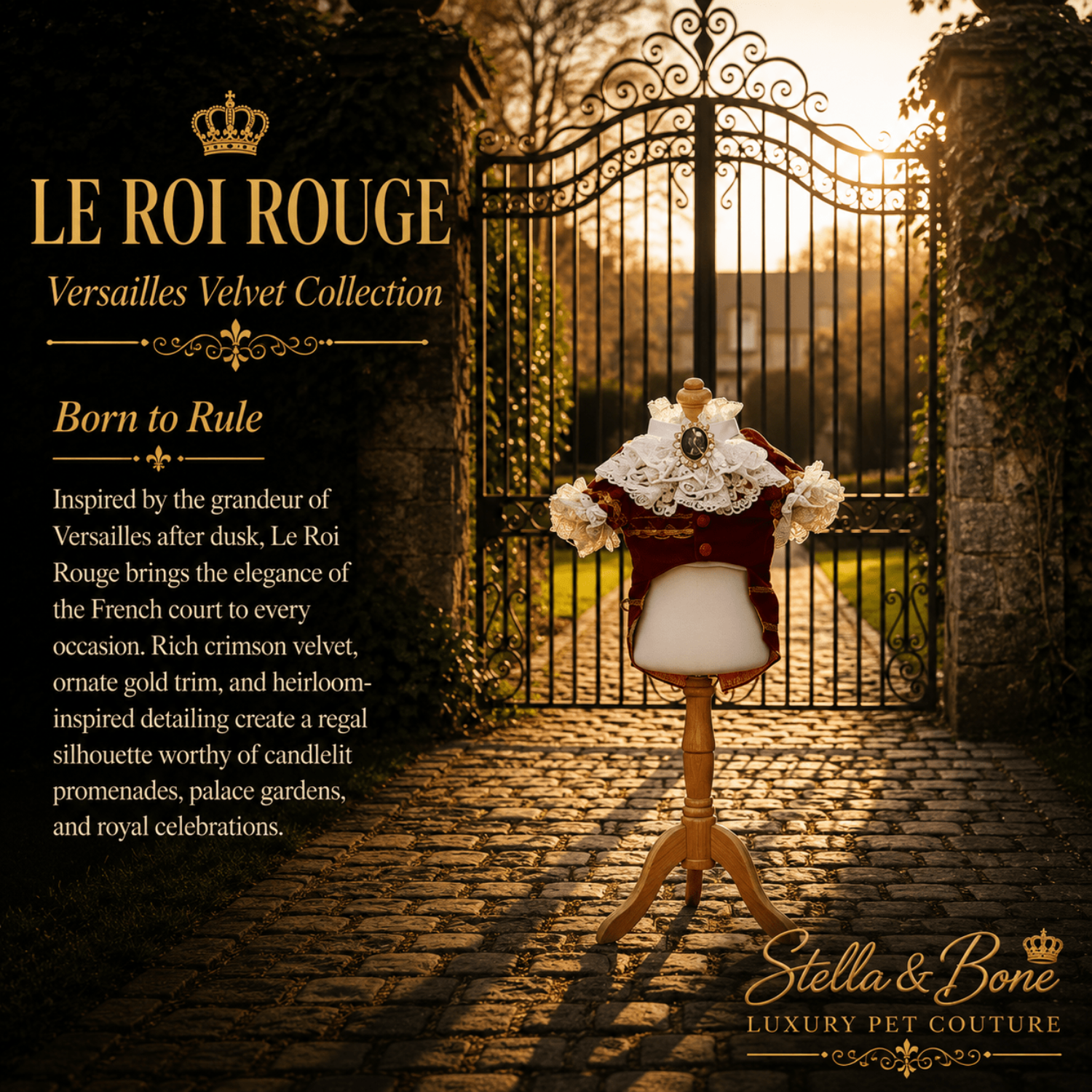 Back view of Le Roi Rouge red and gold dog jacket – rich velvet tailcoat with ornate gold braid at neckline waist and hem