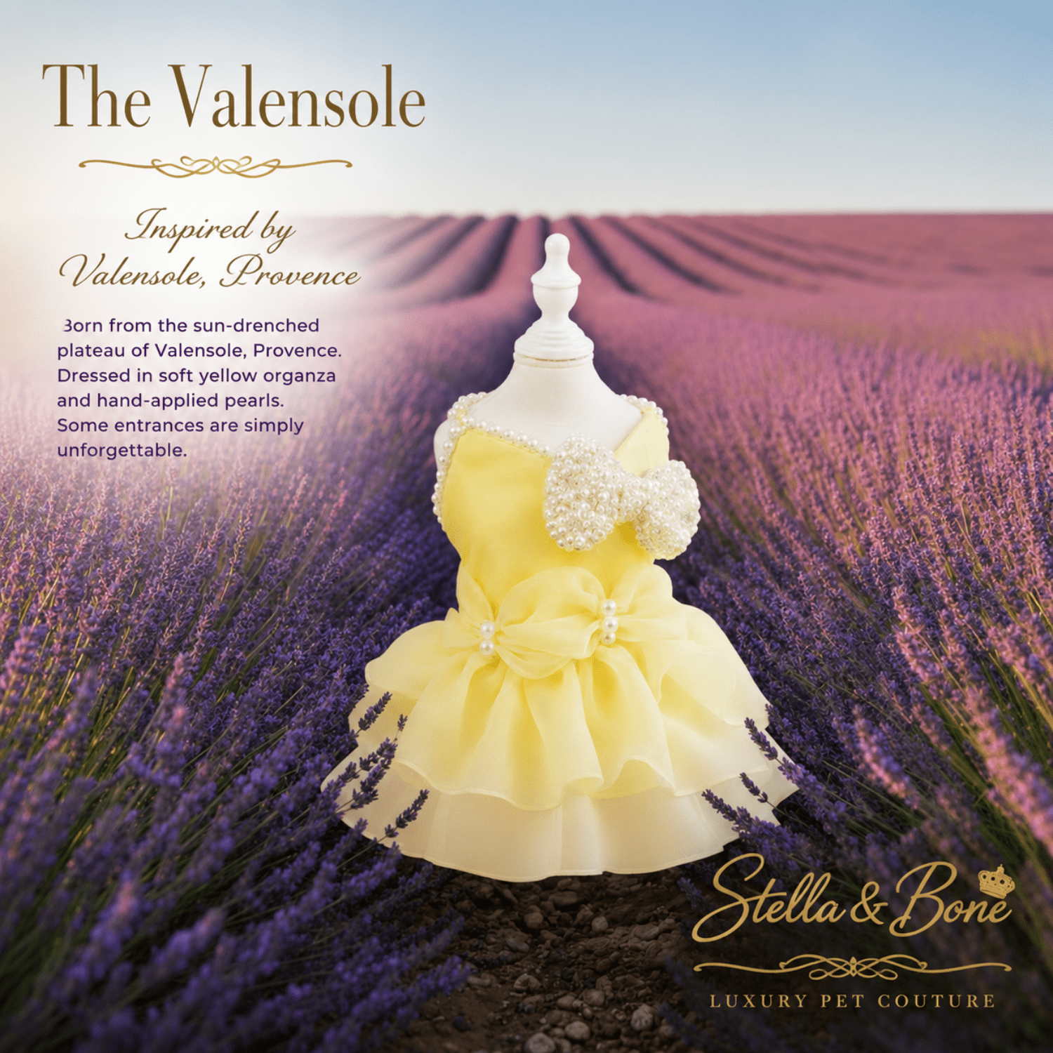 A yellow pet dress, The Valensole displayed on a white mannequin in a lavender field in Provence. Curated by Stella and Bone