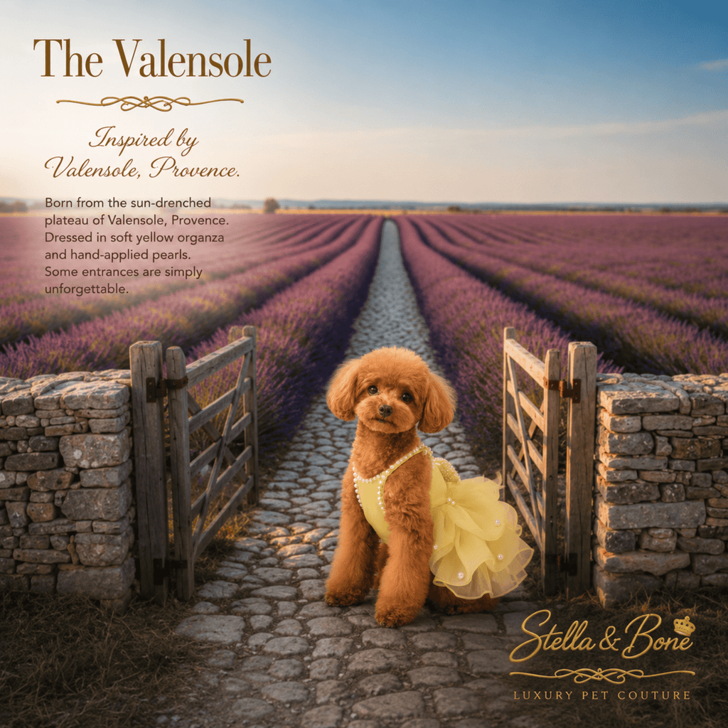 A poodle sits in a stone gate on a cobblestone path, wearing The Valensole with pearl-like accents in Provence