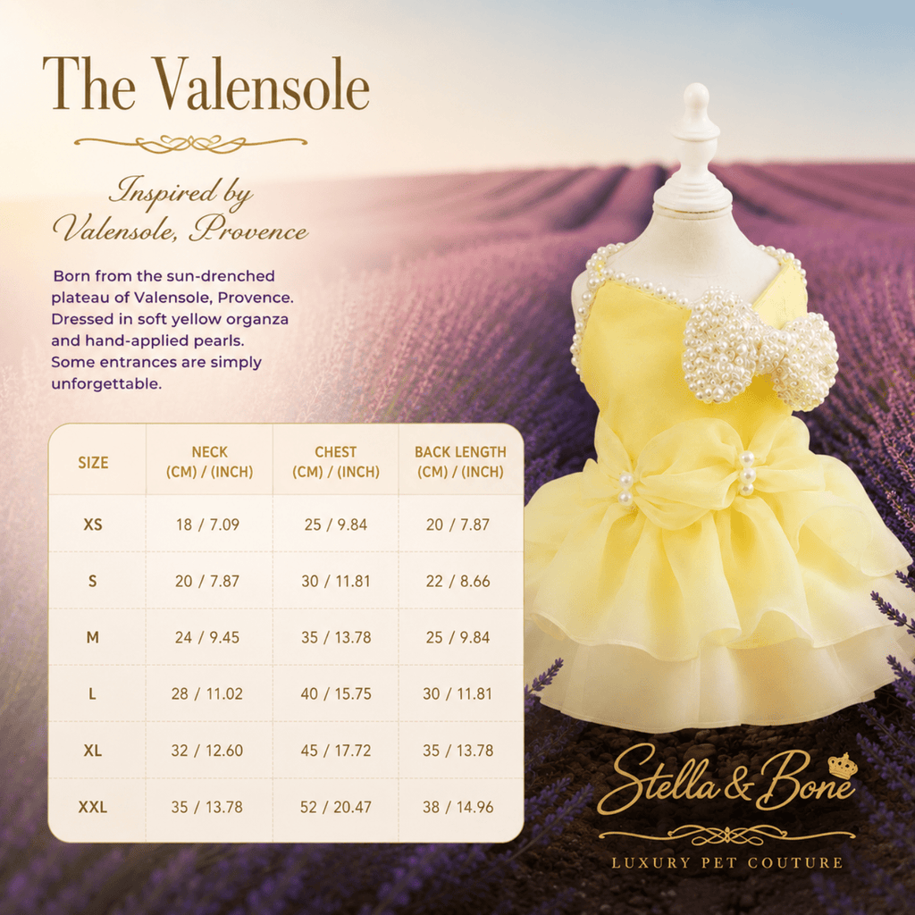 The Valensole size chart of a yellow pet dress near a lavender field in Provence. Great for birthday and wedding