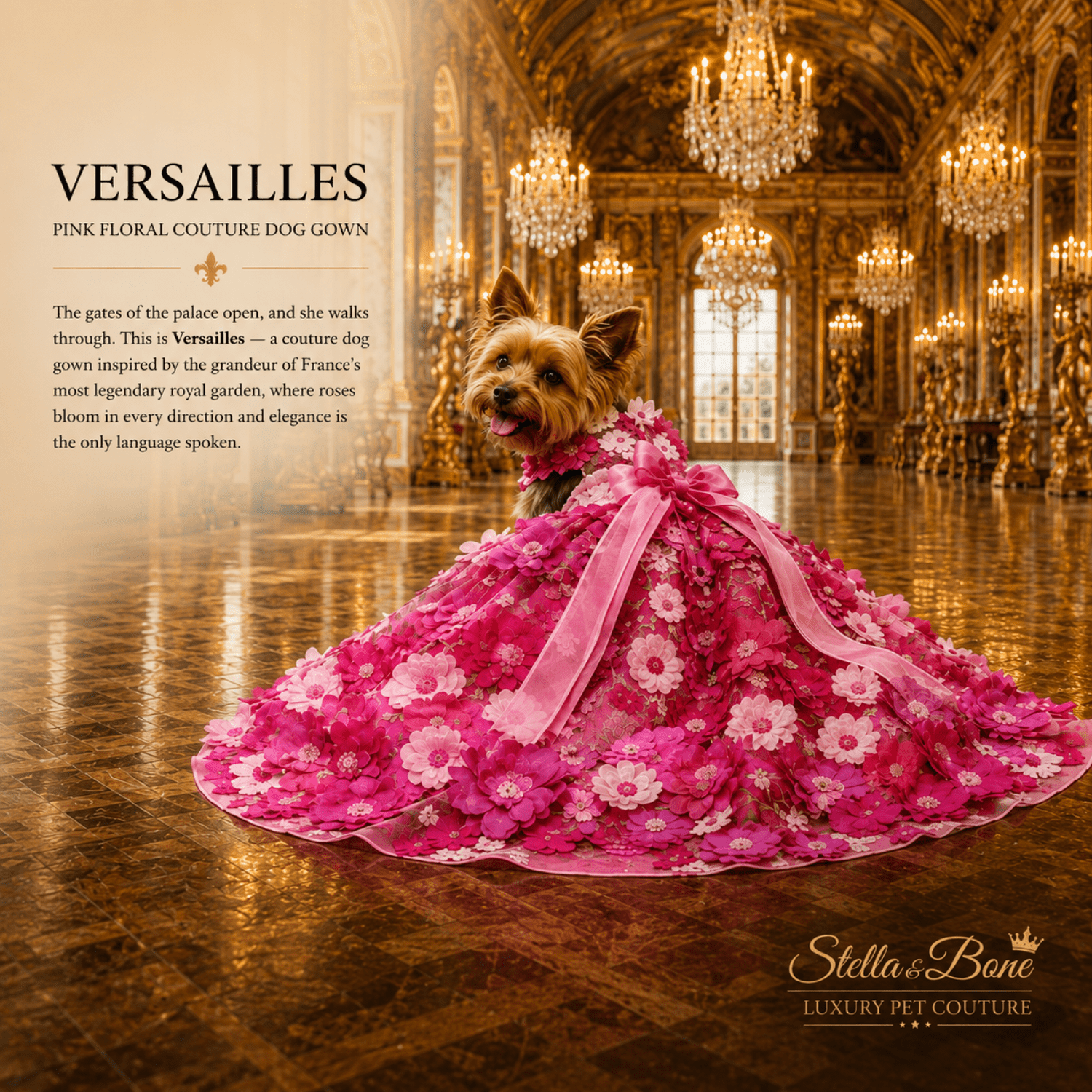Small dog wearing Versailles, voluminous pink floral pet gown, large pink bow, in an ornate palace hall with chandeliers.