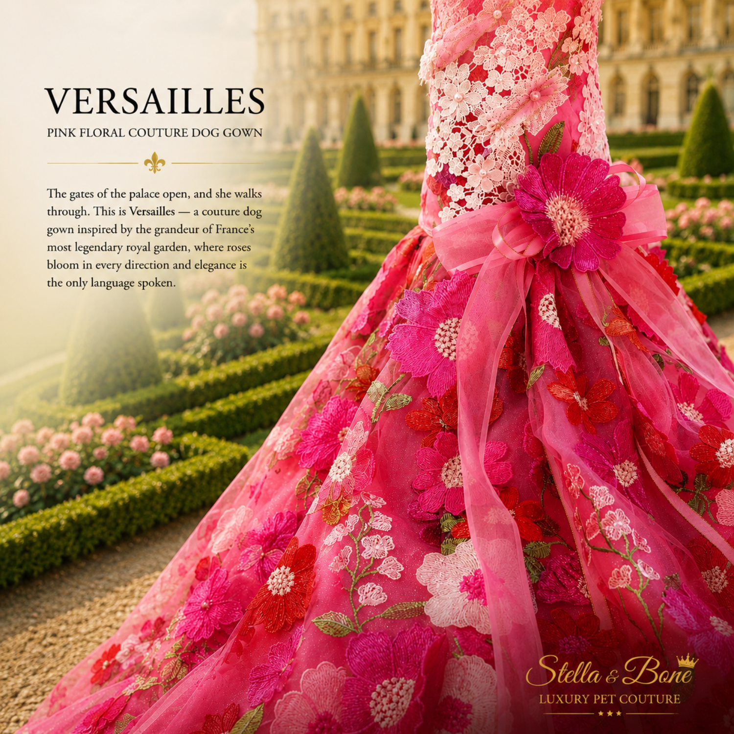 Close up of a bright pink pet gown, Versailles, with floral applique and sheer tulle. Luxury Pet Couture. Stella and Bone